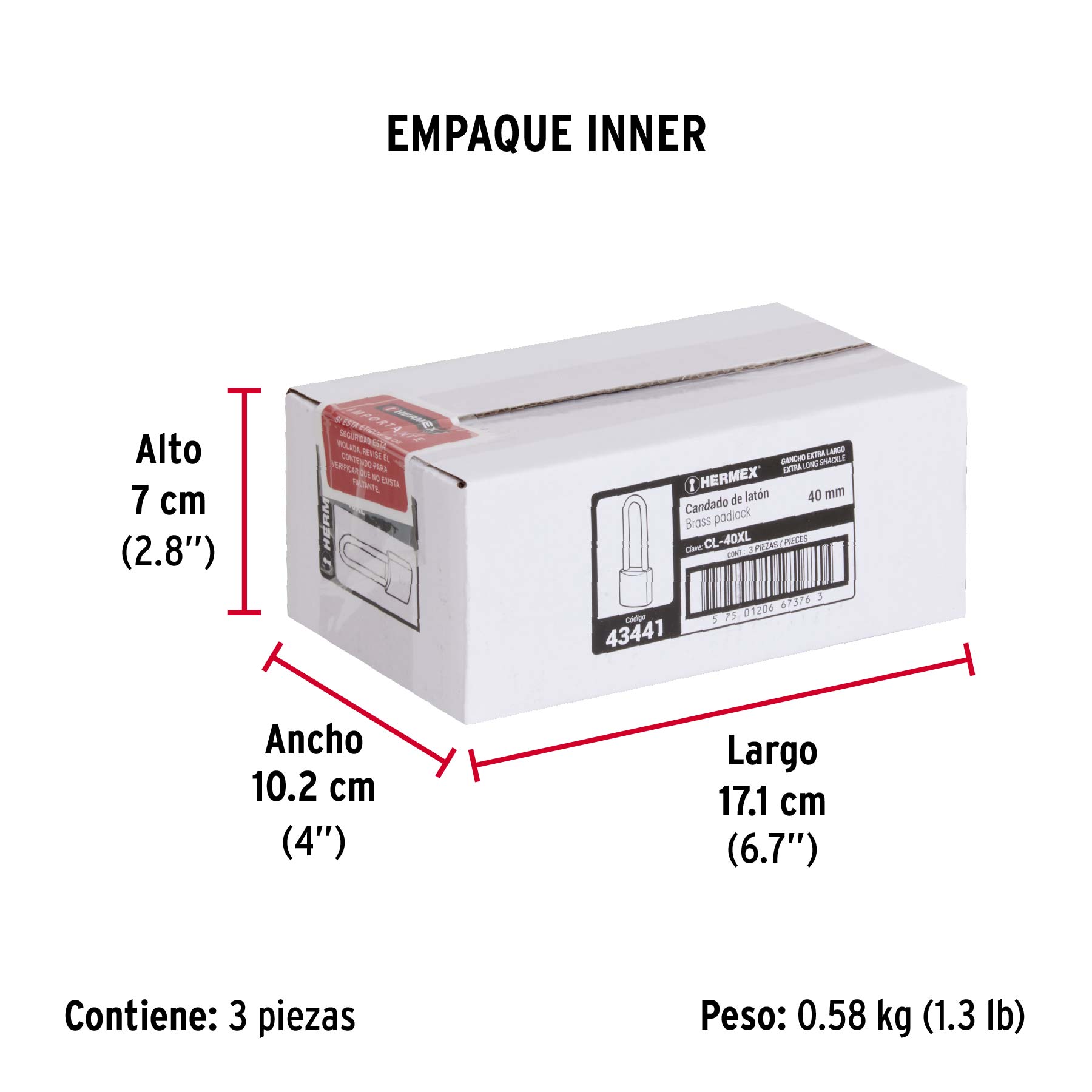 Candado de latón 40 mm gancho extra largo en blíster, HERMEX - Empaque