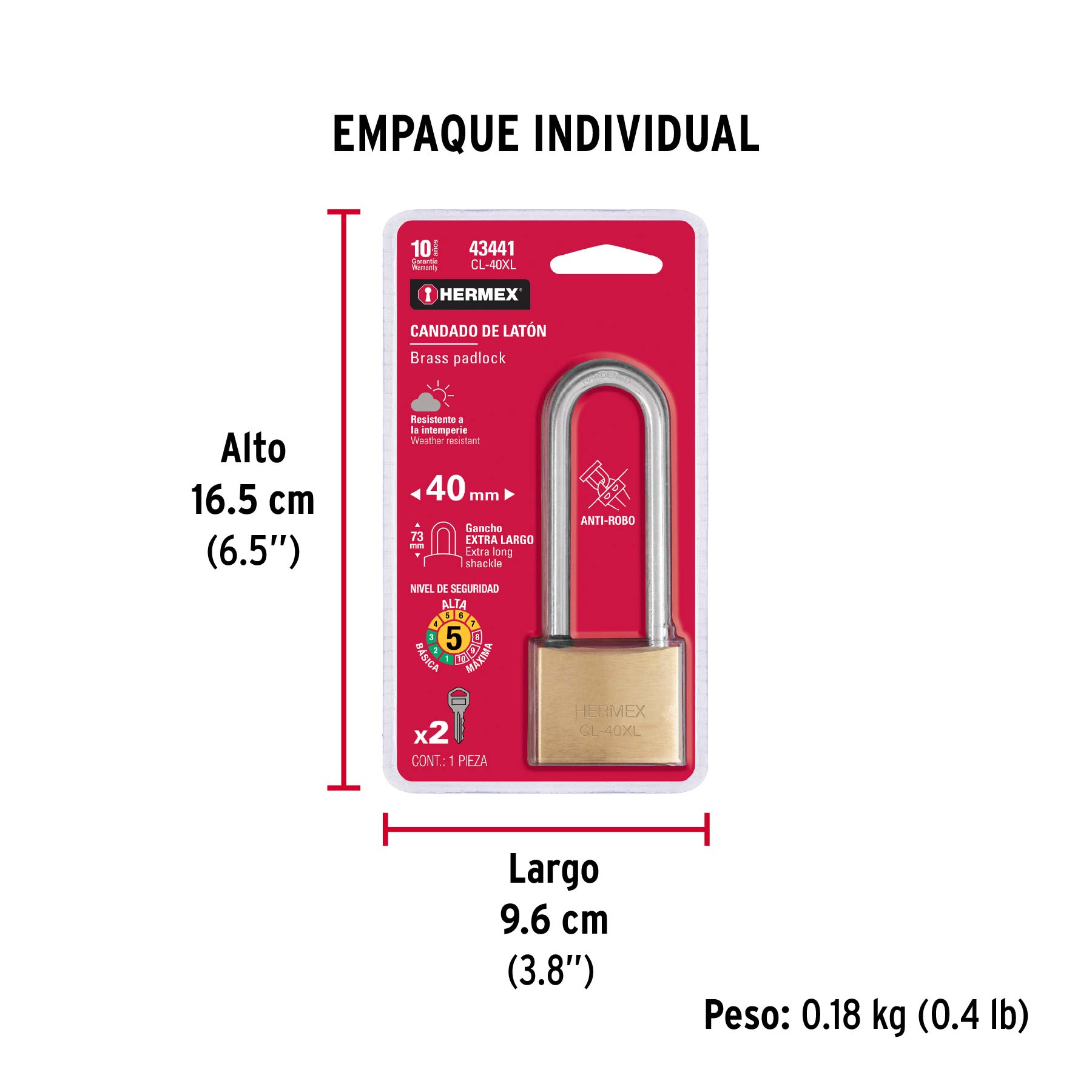 Candado de latón 40 mm gancho extra largo en blíster, HERMEX - Empaque