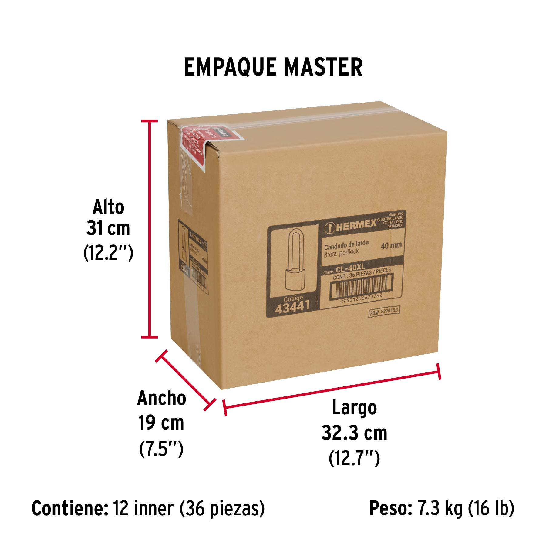 Candado de latón 40 mm gancho extra largo en blíster, HERMEX - Empaque