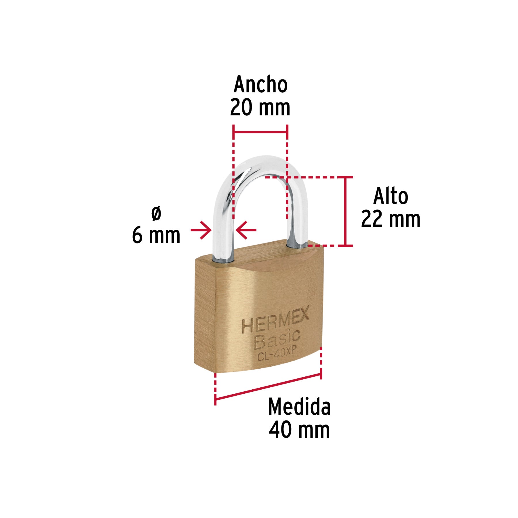 Candado de latón 40 mm llave tetra en blíster, HERMEX BASIC