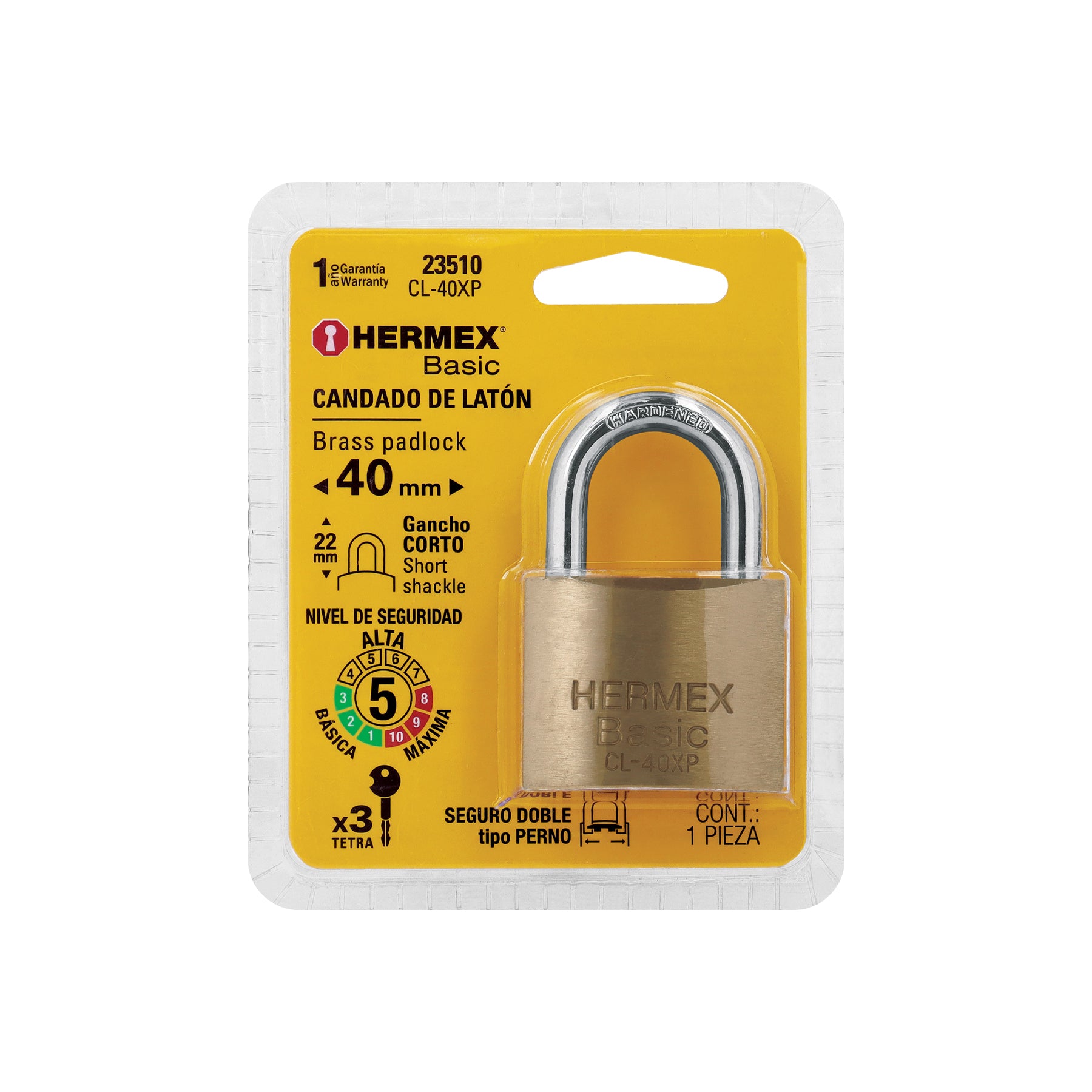 Candado de latón 40 mm llave tetra en blíster, HERMEX BASIC