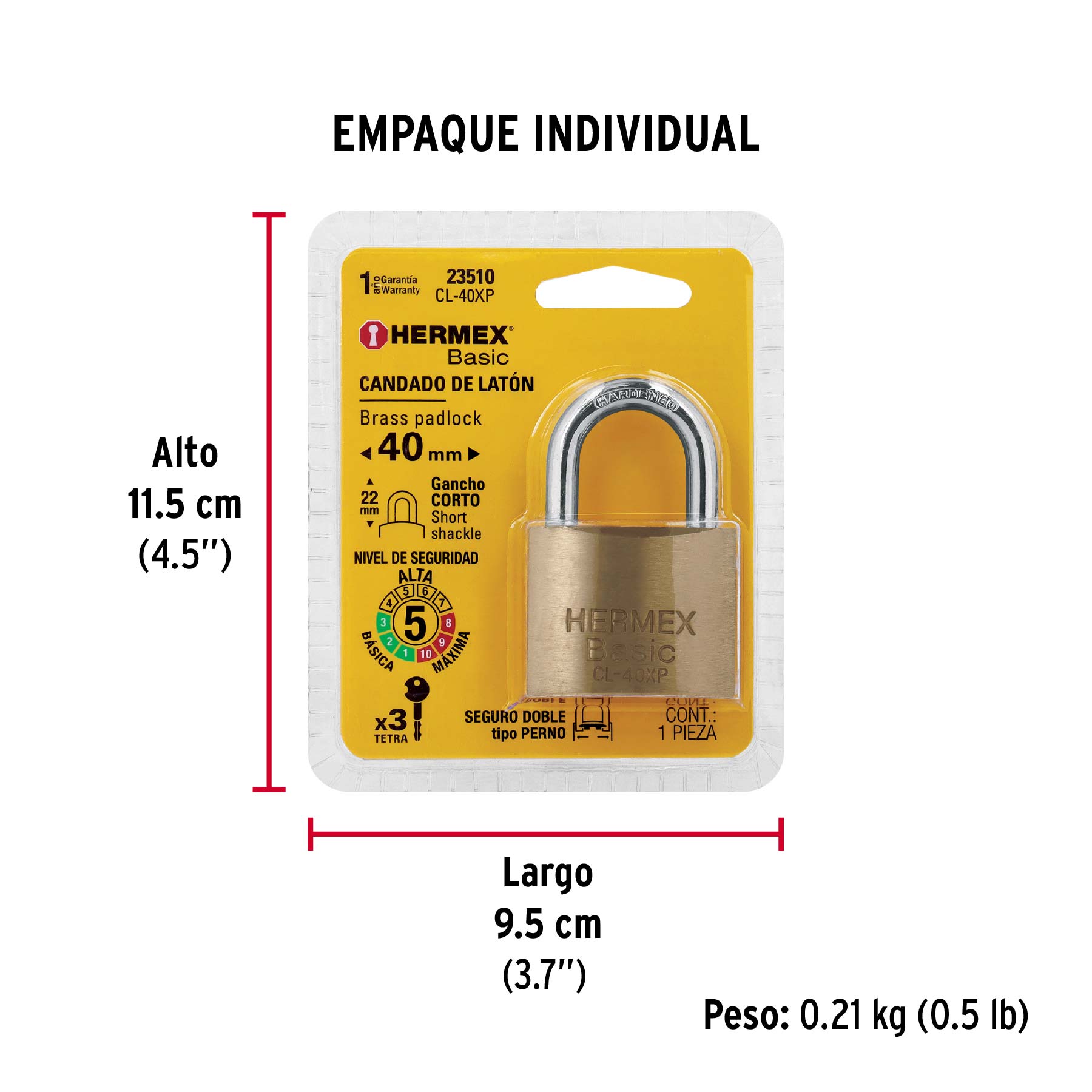 Candado de latón 40 mm llave tetra en blíster, HERMEX BASIC - Empaque