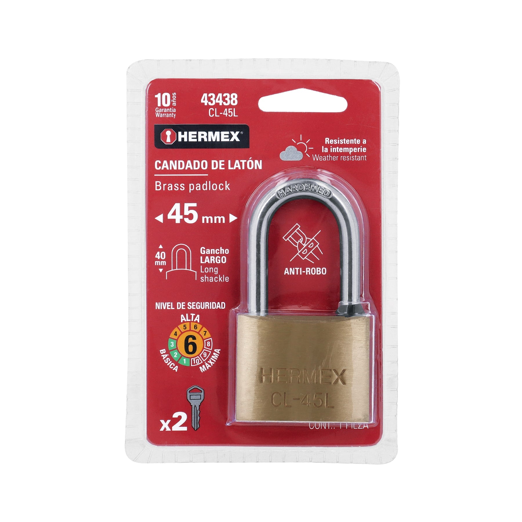 Candado de latón 45 mm gancho largo en blíster, HERMEX