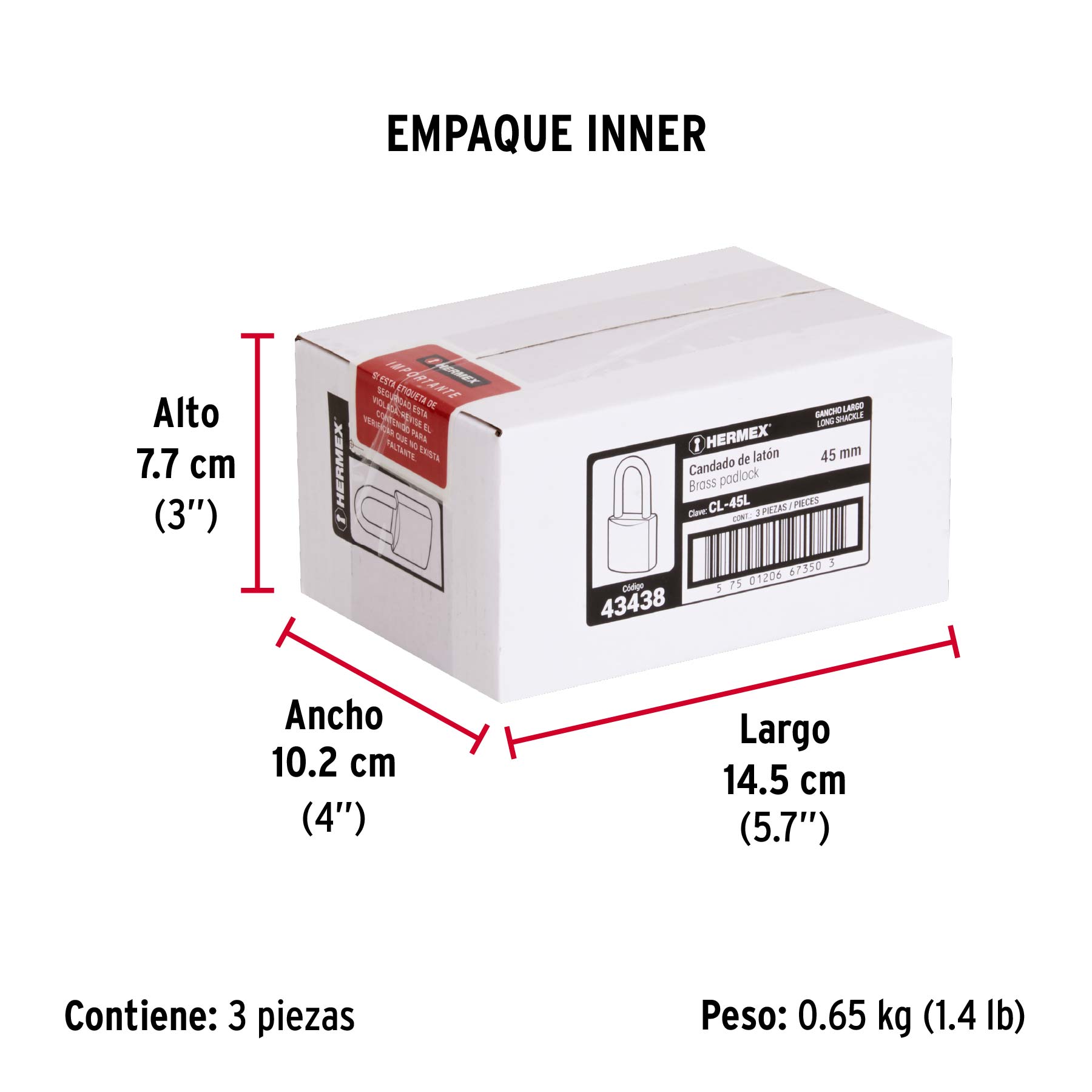 Candado de latón 45 mm gancho largo en blíster, HERMEX - Empaque
