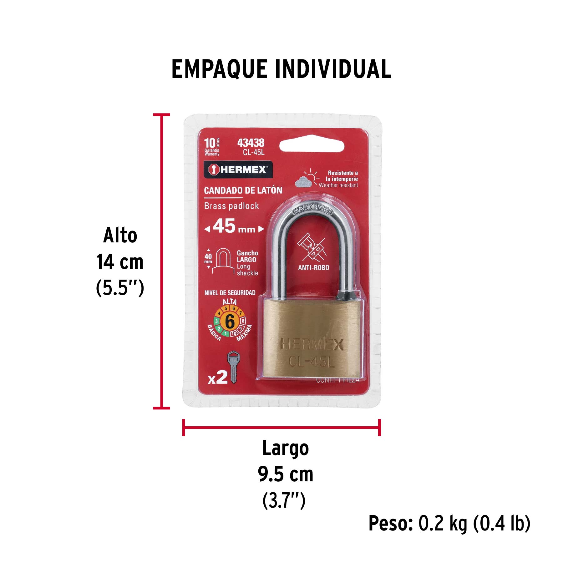 Candado de latón 45 mm gancho largo en blíster, HERMEX - Empaque