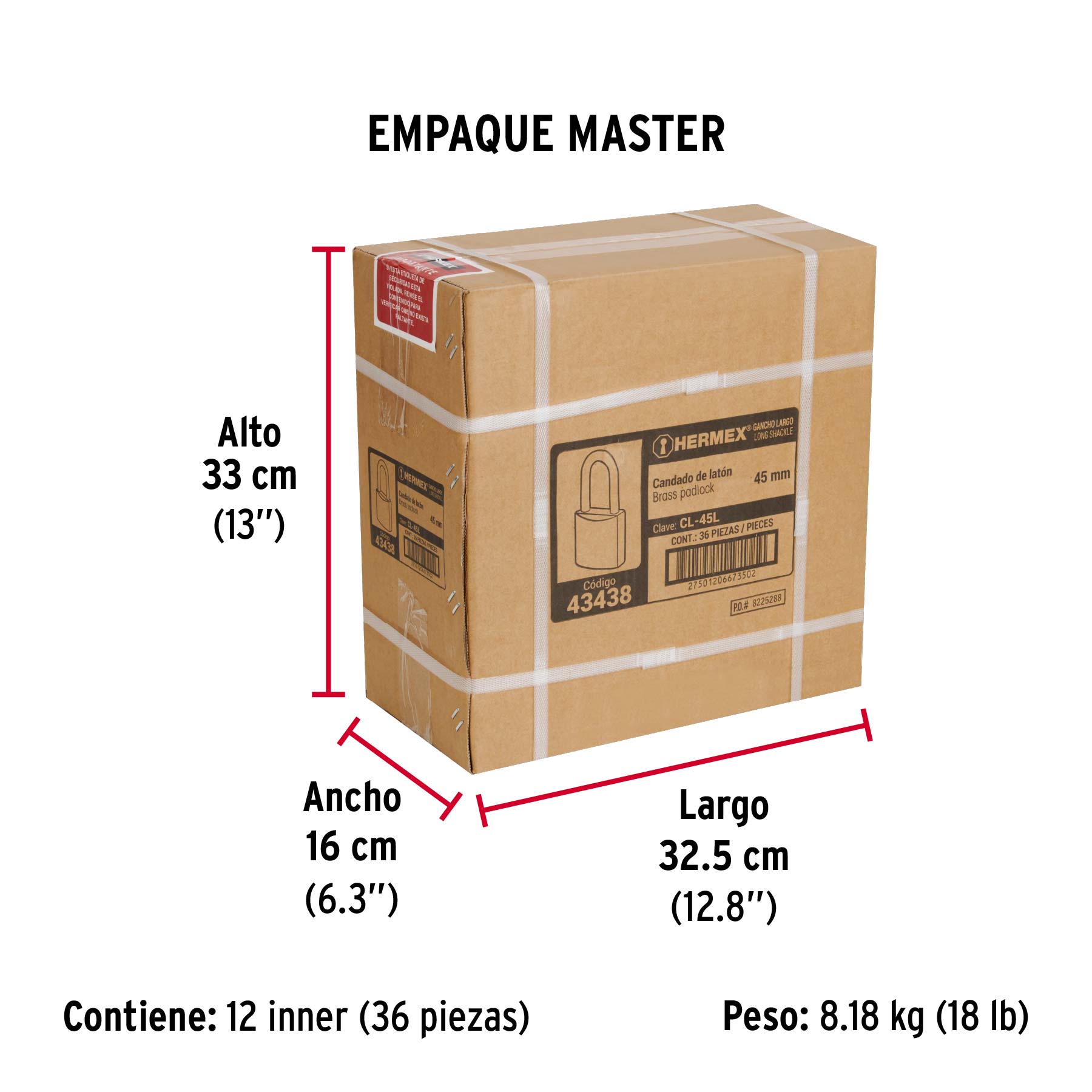 Candado de latón 45 mm gancho largo en blíster, HERMEX - Empaque