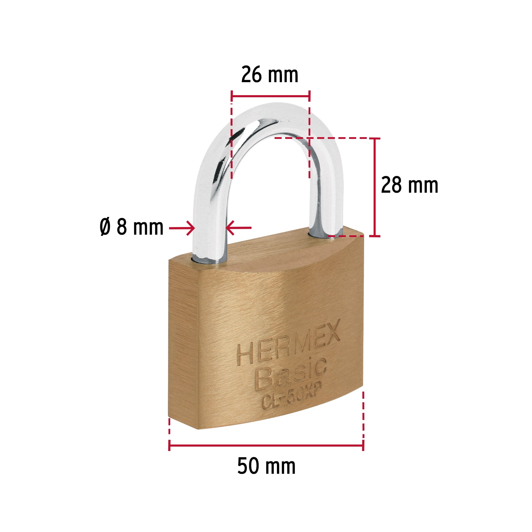 Candado de latón 50 mm llave tetra en blíster, HERMEX BASIC