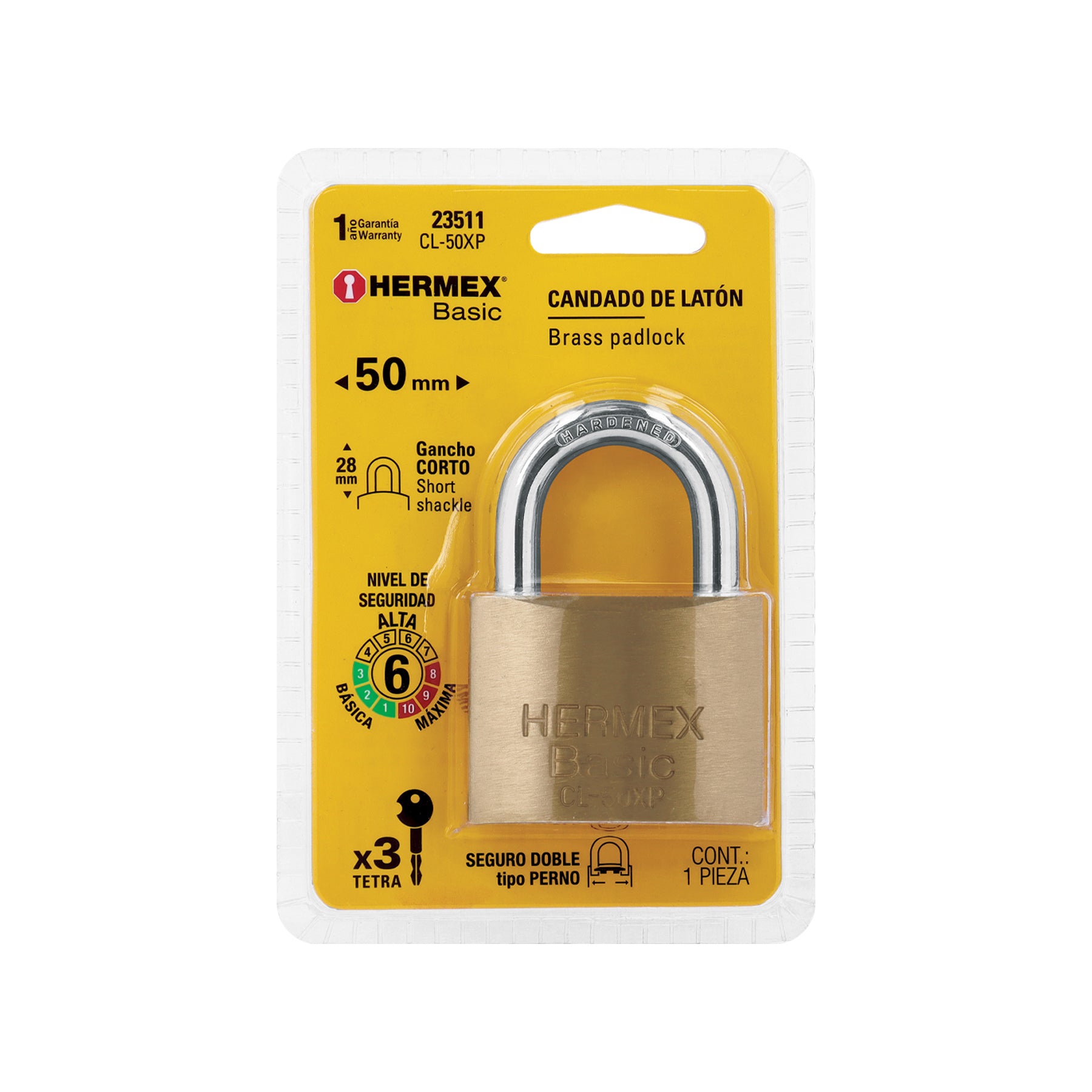 Candado de latón 50 mm llave tetra en blíster, HERMEX BASIC