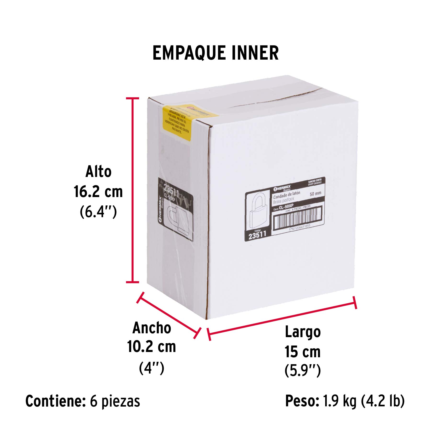 Candado de latón 50 mm llave tetra en blíster, HERMEX BASIC - Empaque