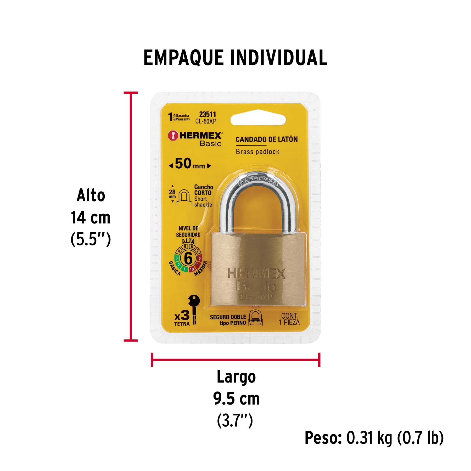Candado de latón 50 mm llave tetra en blíster, HERMEX BASIC - Empaque