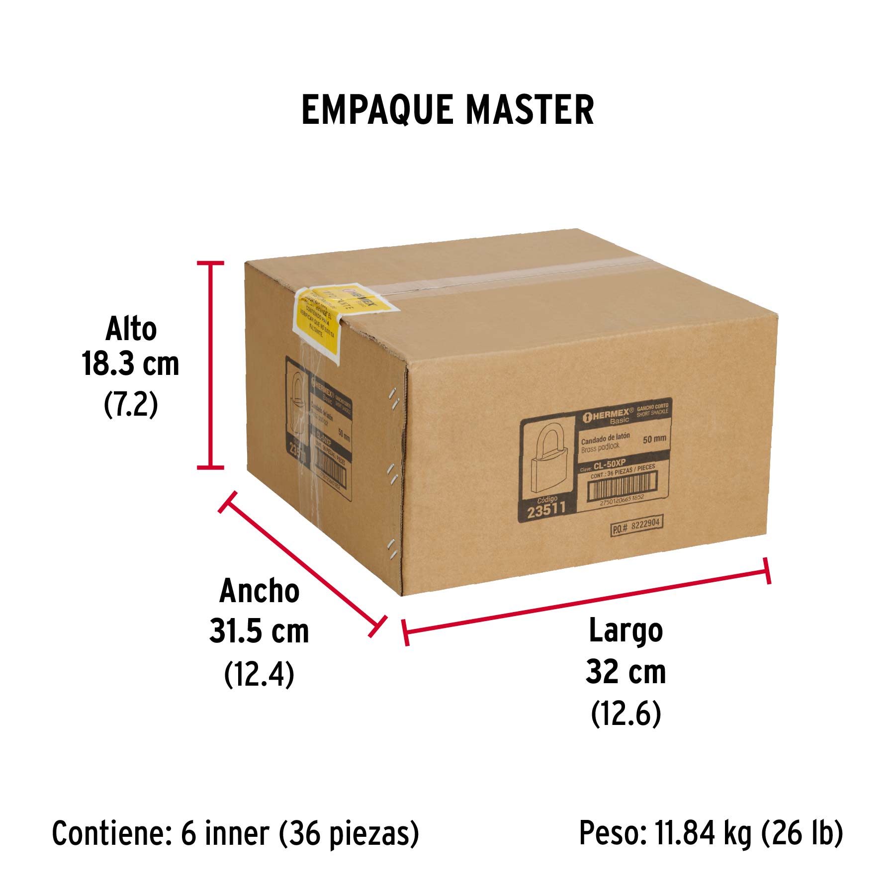 Candado de latón 50 mm llave tetra en blíster, HERMEX BASIC - Empaque
