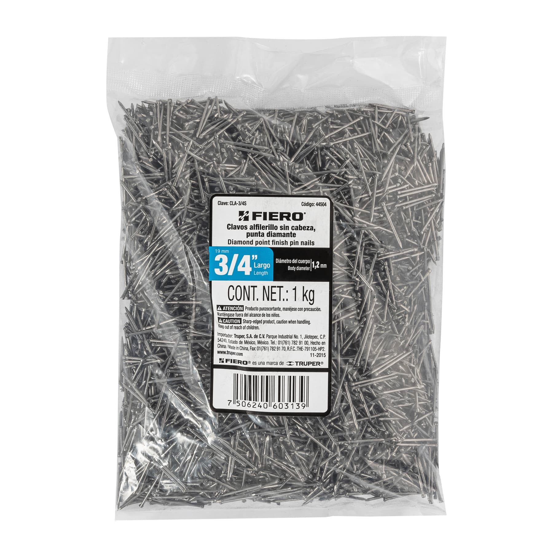 Bolsa con 1 kg de clavos alfilerillos de 3/4" sin cabeza