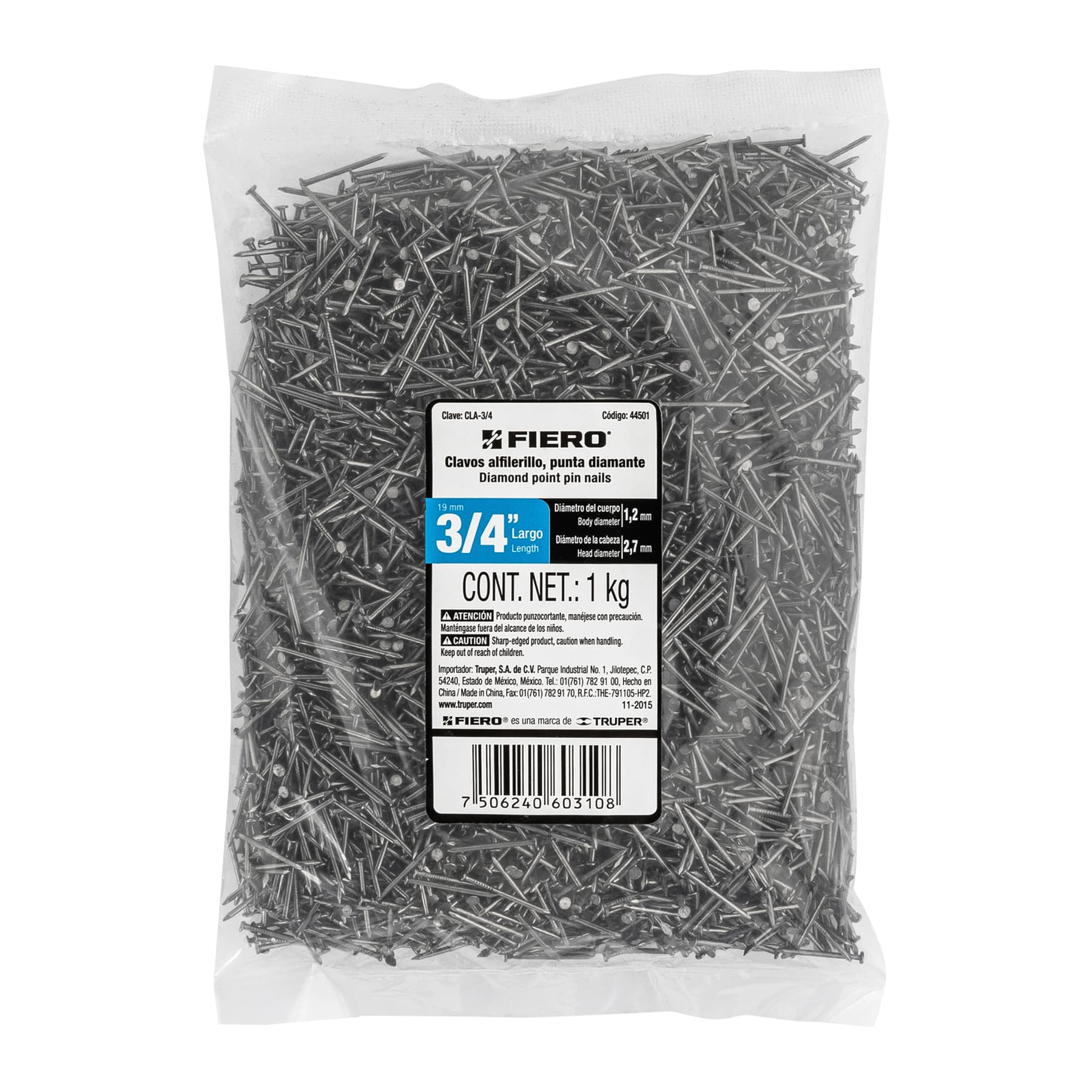 Bolsa con 1 kg de clavos alfilerillos de 3/4" con cabeza
