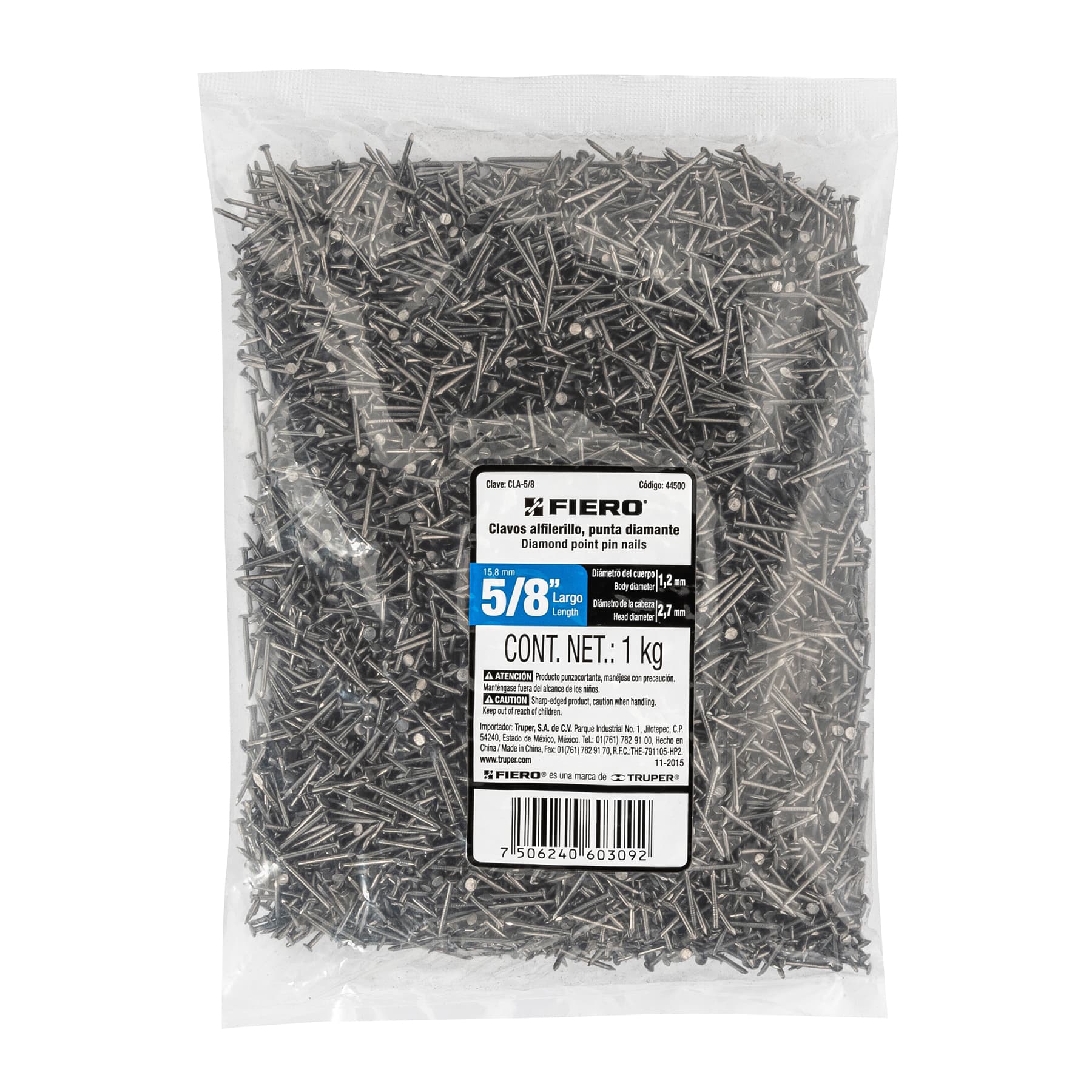 Bolsa con 1 kg de clavos alfilerillos de 5/8" con cabeza