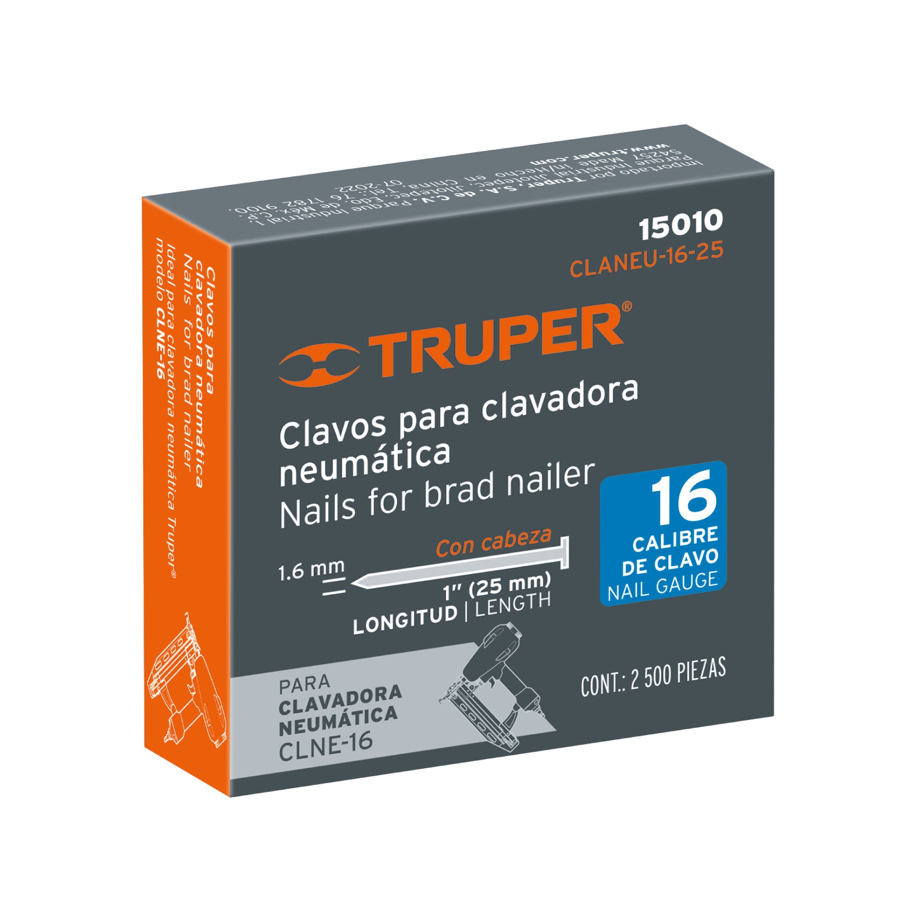 Caja con 2500 clavos calibre 16, 25 mm para CLNE-16, TRUPER