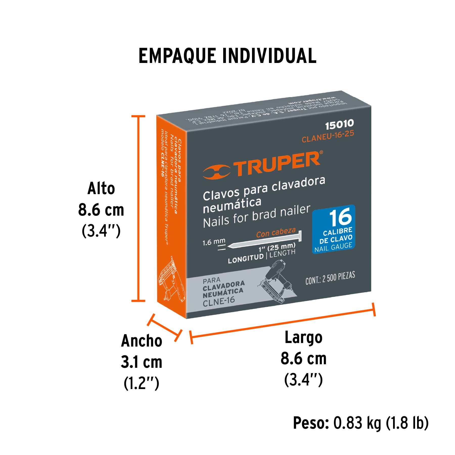 Caja con 2500 clavos calibre 16, 25 mm para CLNE-16, TRUPER - Empaque