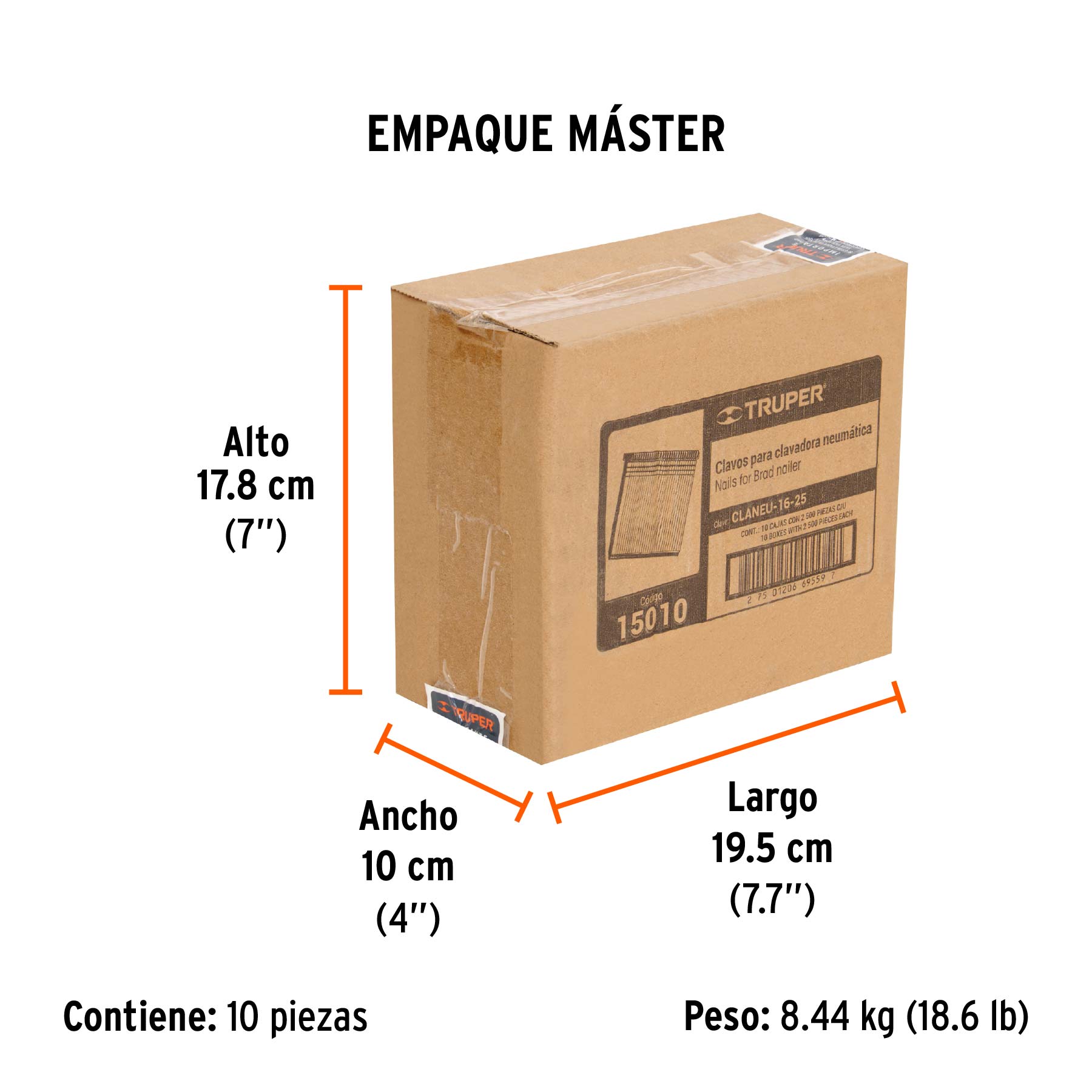 Caja con 2500 clavos calibre 16, 25 mm para CLNE-16, TRUPER - Empaque