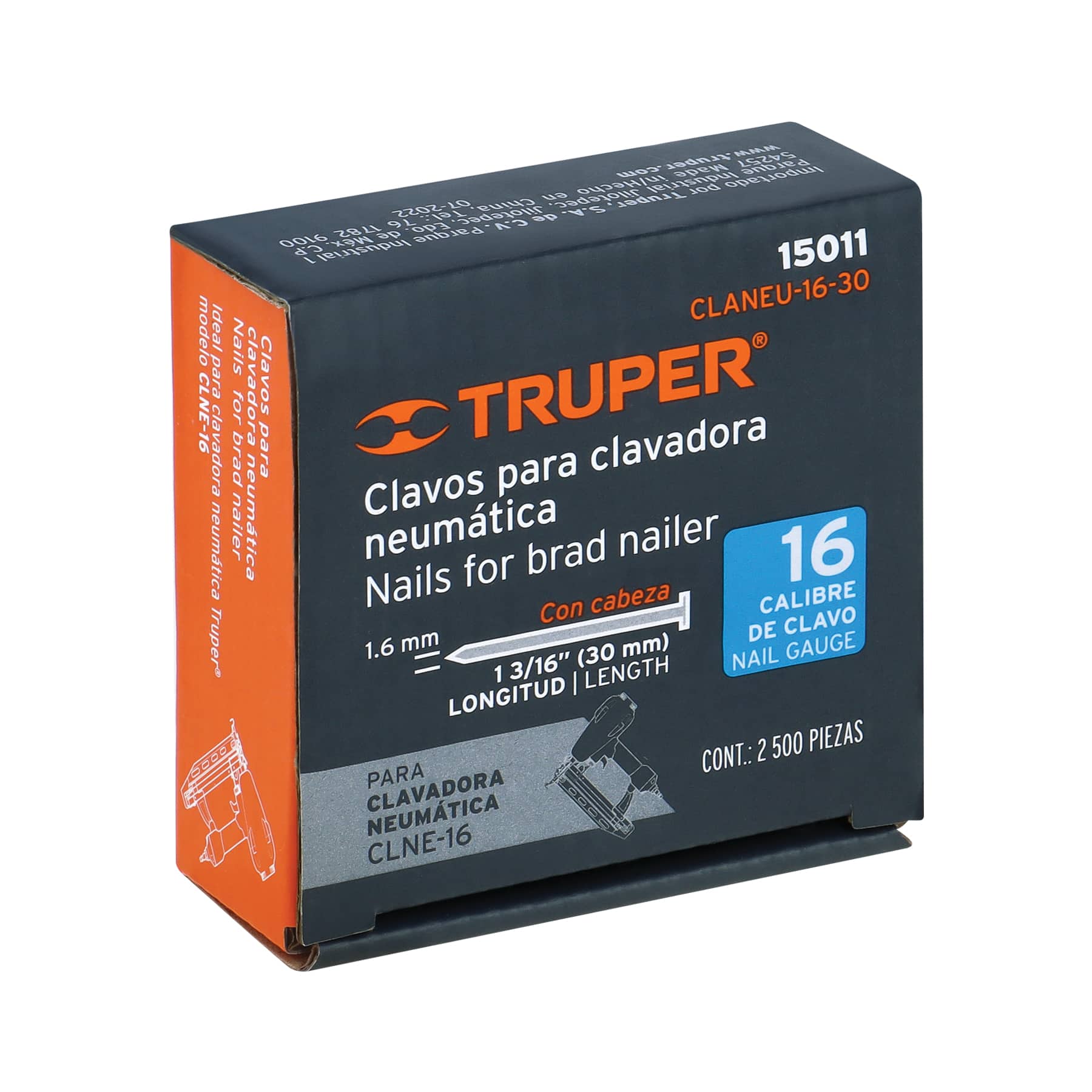 Caja con 2500 clavos calibre 16, 30 mm para CLNE-16, TRUPER