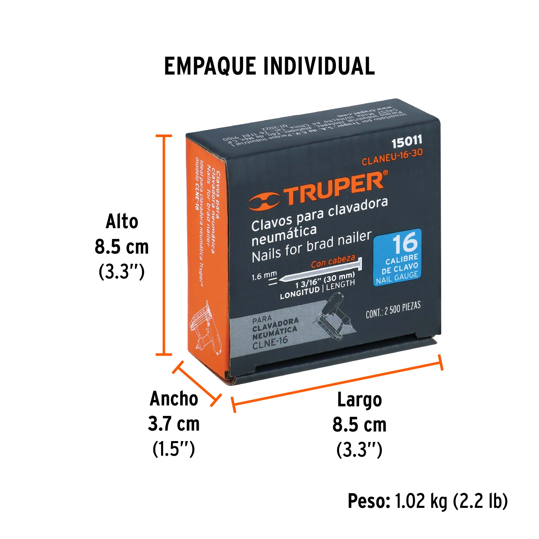 Caja con 2500 clavos calibre 16, 30 mm para CLNE-16, TRUPER - Empaque