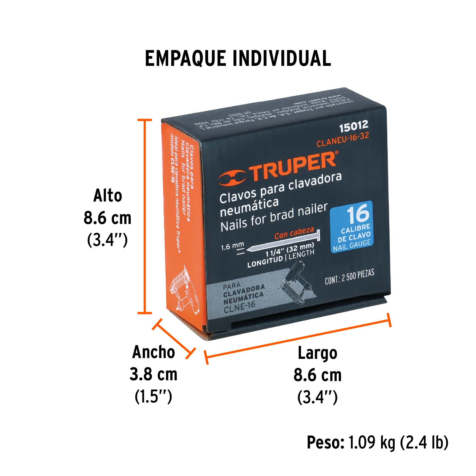 Caja con 2500 clavos calibre 16, 32 mm para CLNE-16, TRUPER - Empaque