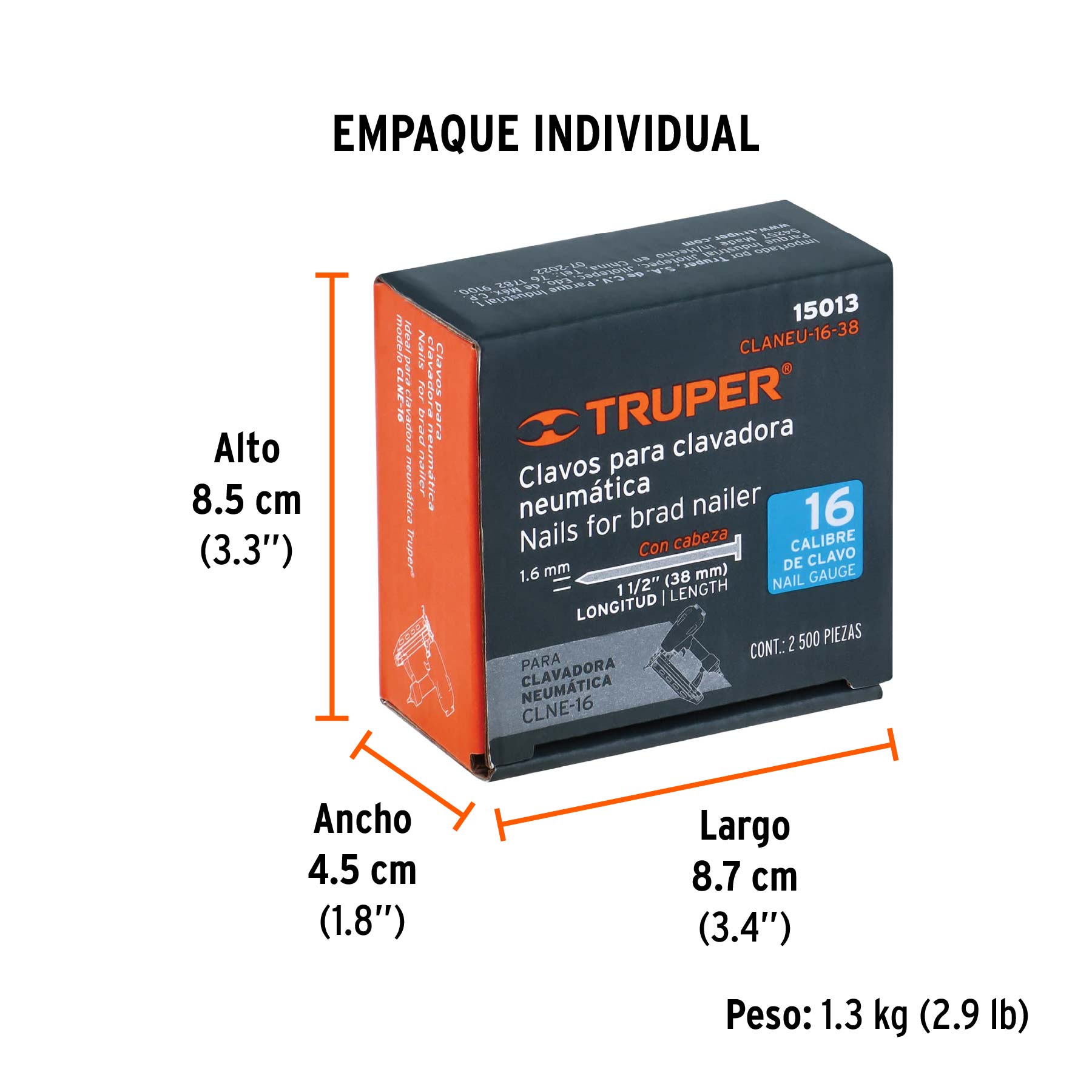 Caja con 2500 clavos calibre 16, 38 mm para CLNE-16, TRUPER - Empaque