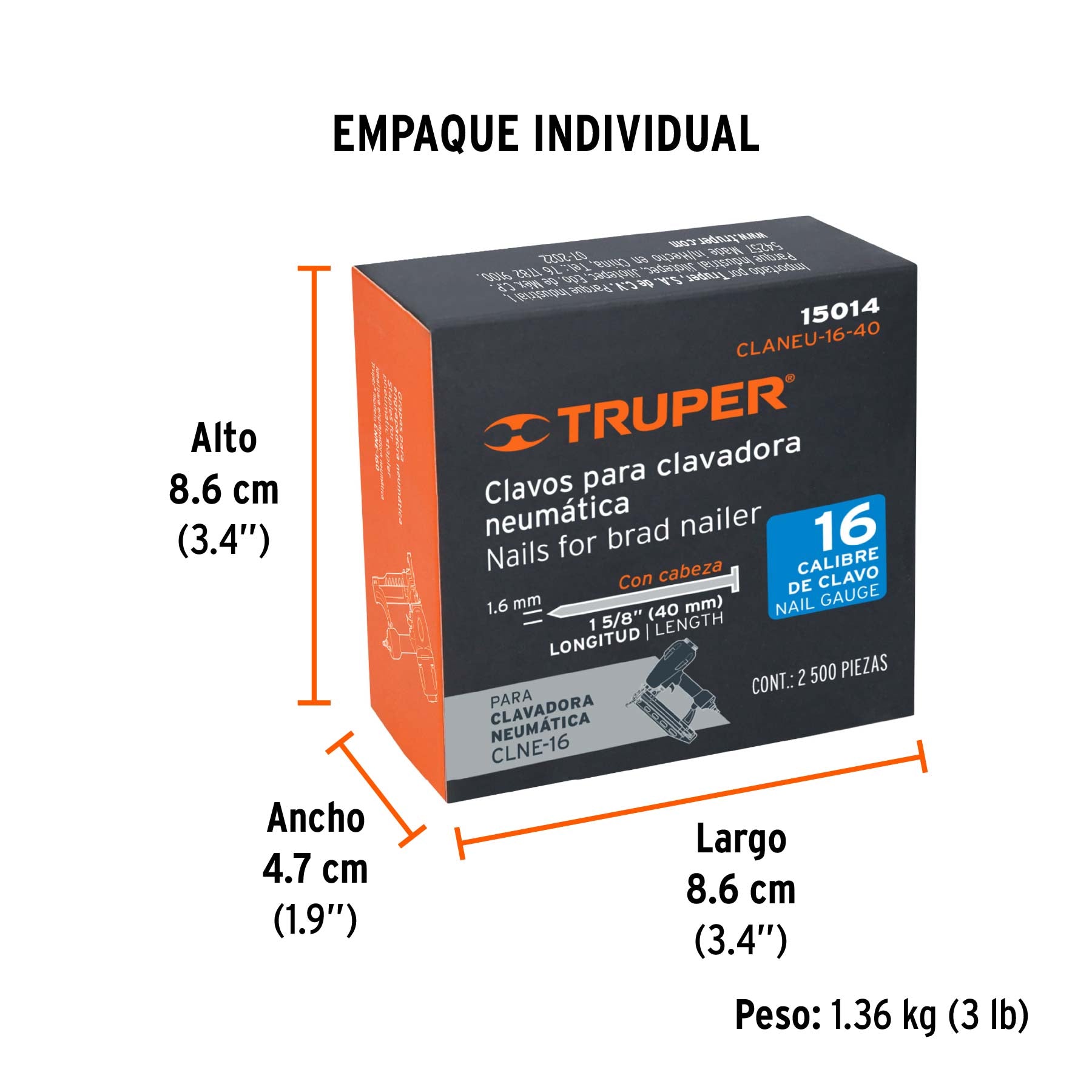 Caja con 2500 clavos calibre 16, 40 mm para CLNE-16, TRUPER - Empaque