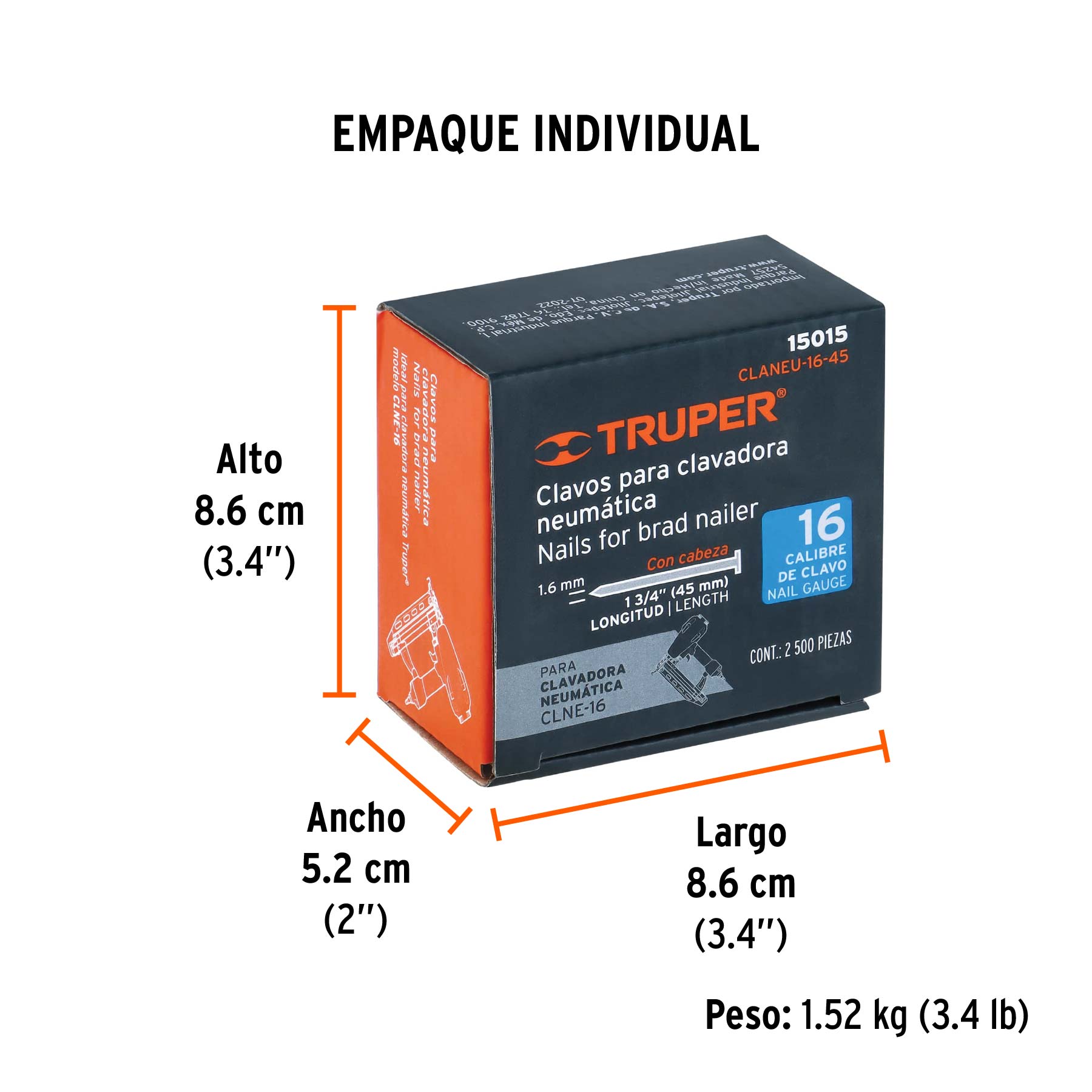 Caja con 2500 clavos calibre 16, 45 mm para CLNE-16, TRUPER - Empaque
