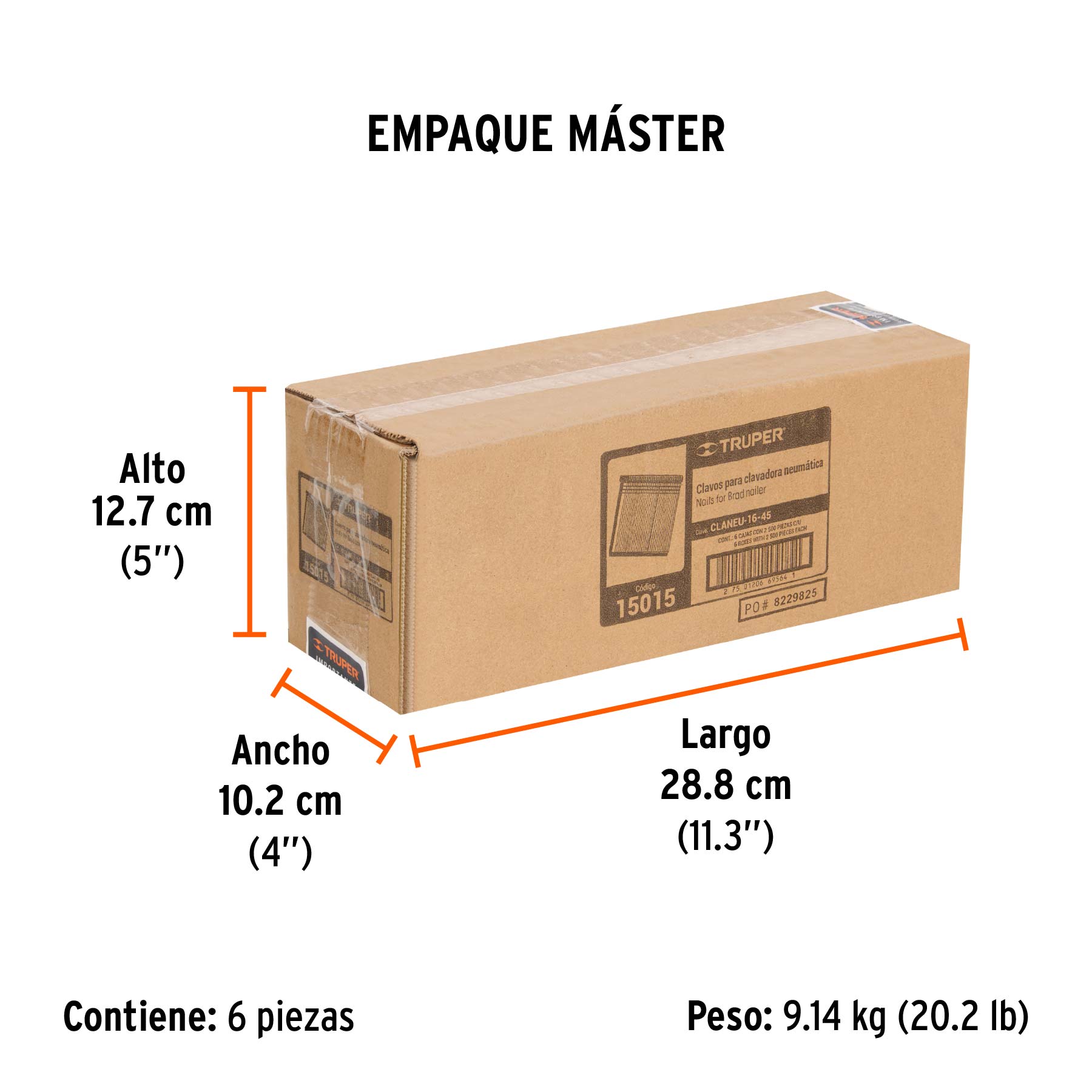 Caja con 2500 clavos calibre 16, 45 mm para CLNE-16, TRUPER - Empaque