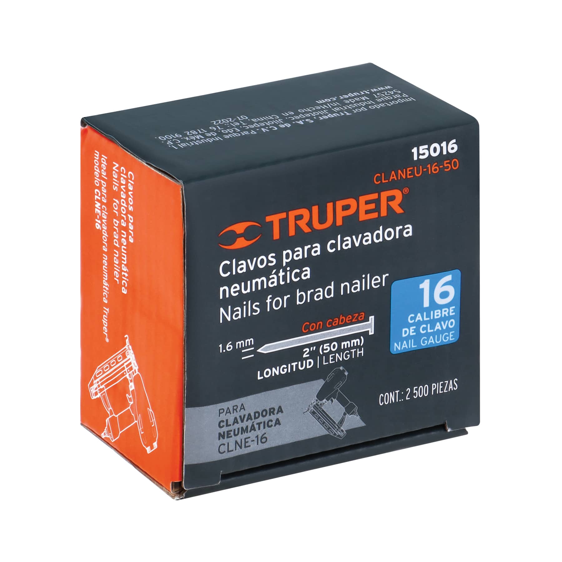 Caja con 2500 clavos calibre 16, 50 mm para CLNE-16, TRUPER