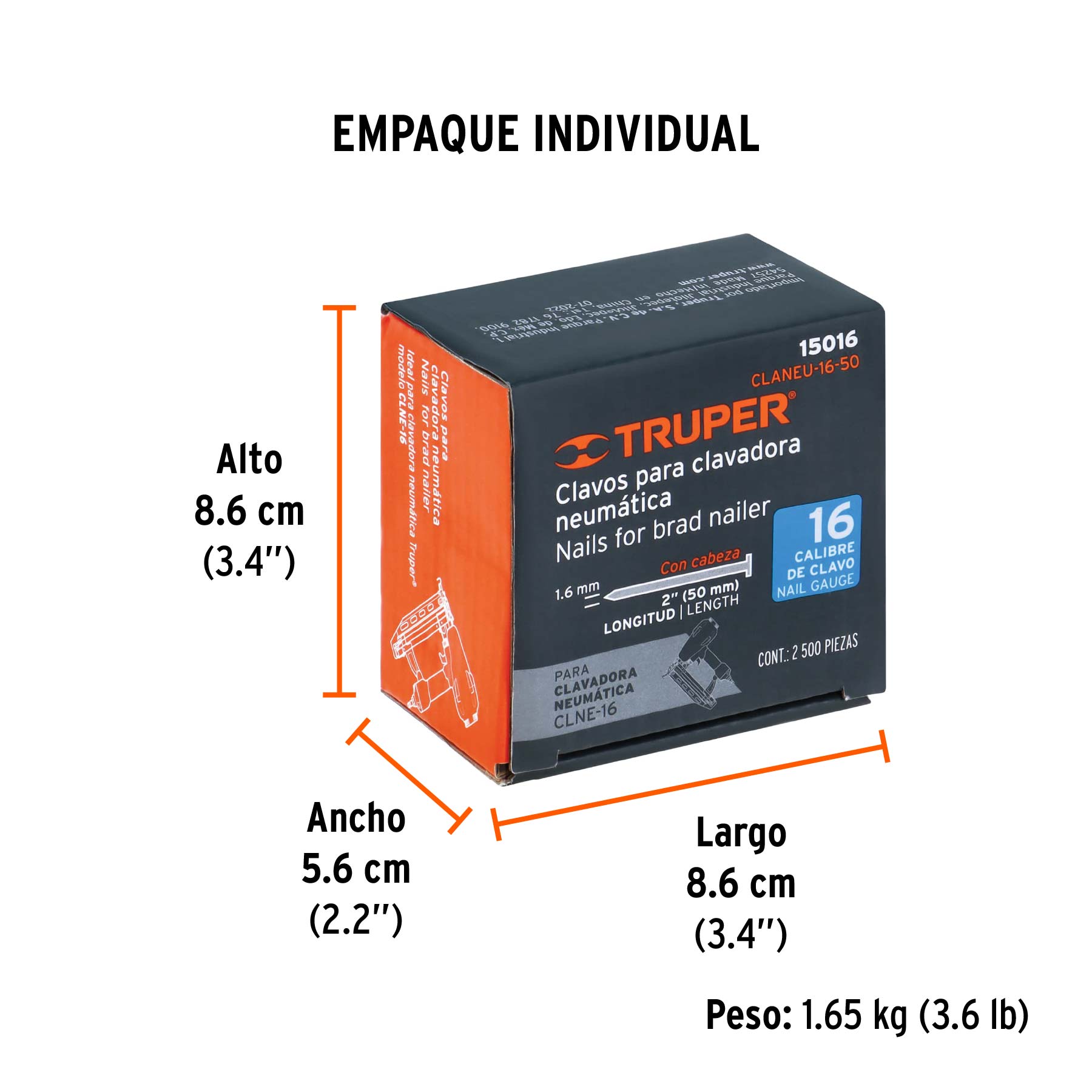 Caja con 2500 clavos calibre 16, 50 mm para CLNE-16, TRUPER - Empaque