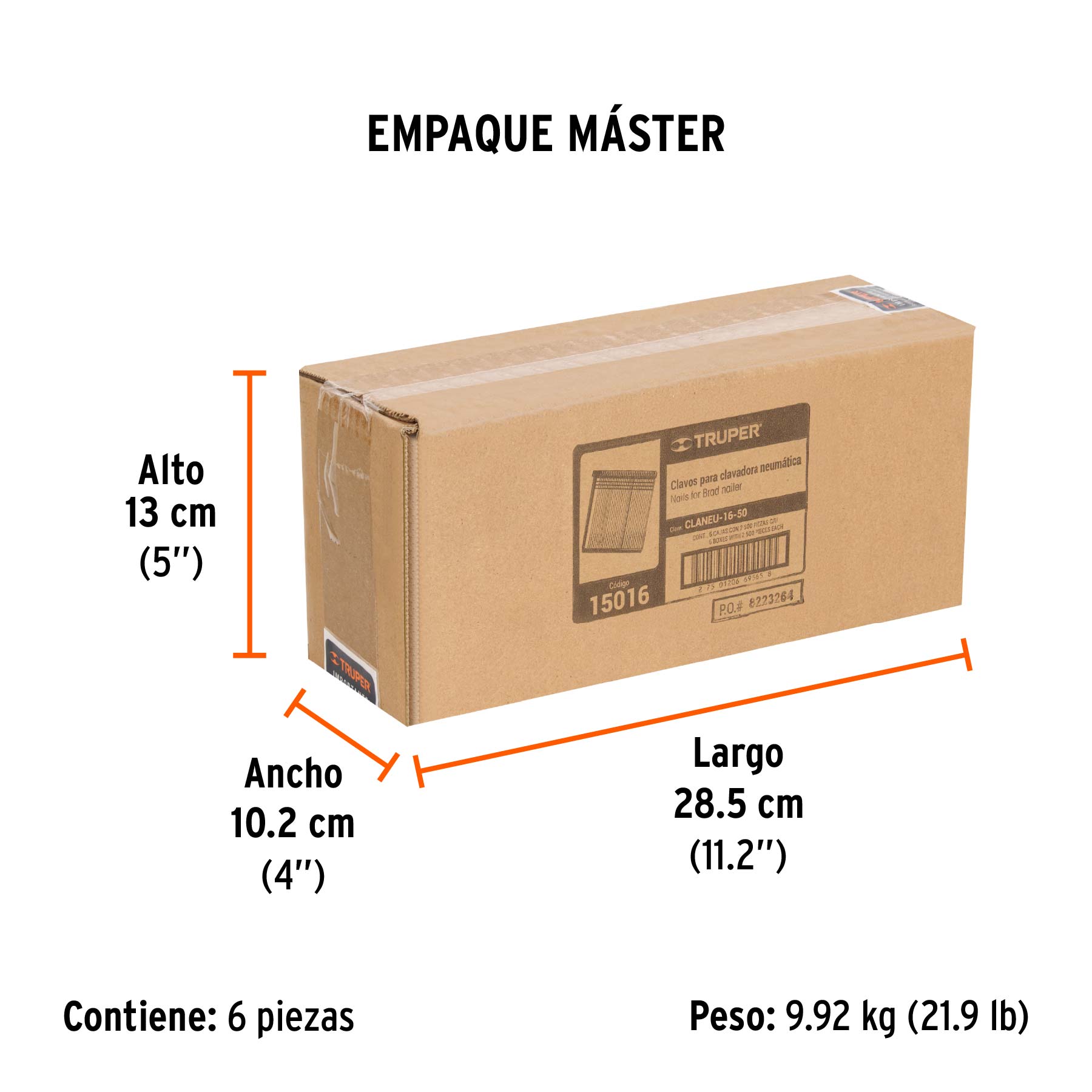 Caja con 2500 clavos calibre 16, 50 mm para CLNE-16, TRUPER - Empaque