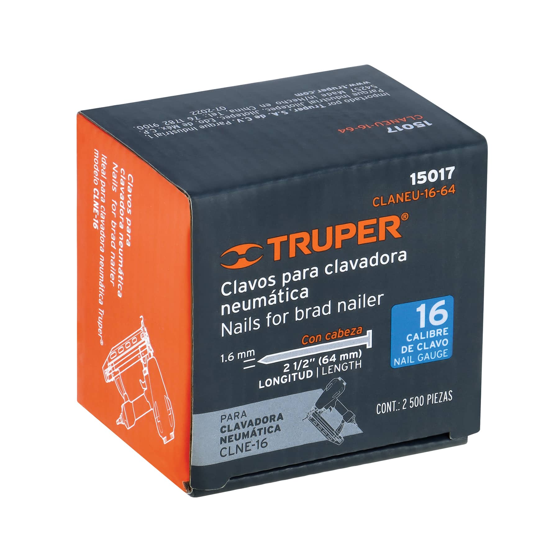 Caja con 2500 clavos calibre 16, 64 mm para CLNE-16, TRUPER