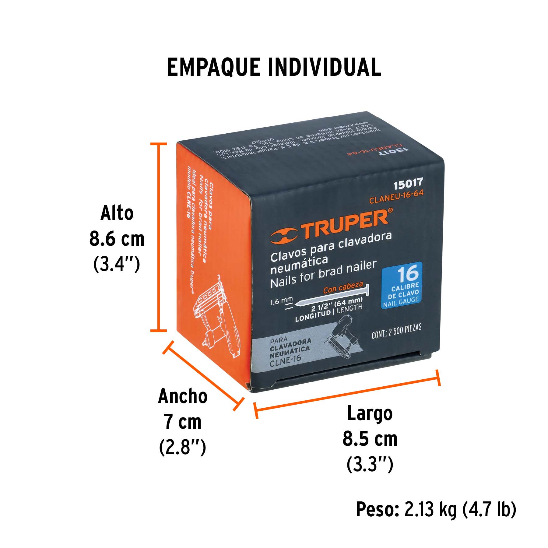 Caja con 2500 clavos calibre 16, 64 mm para CLNE-16, TRUPER - Empaque
