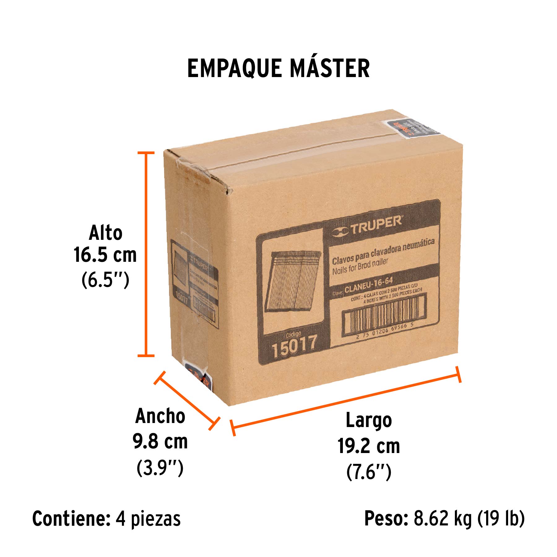 Caja con 2500 clavos calibre 16, 64 mm para CLNE-16, TRUPER - Empaque
