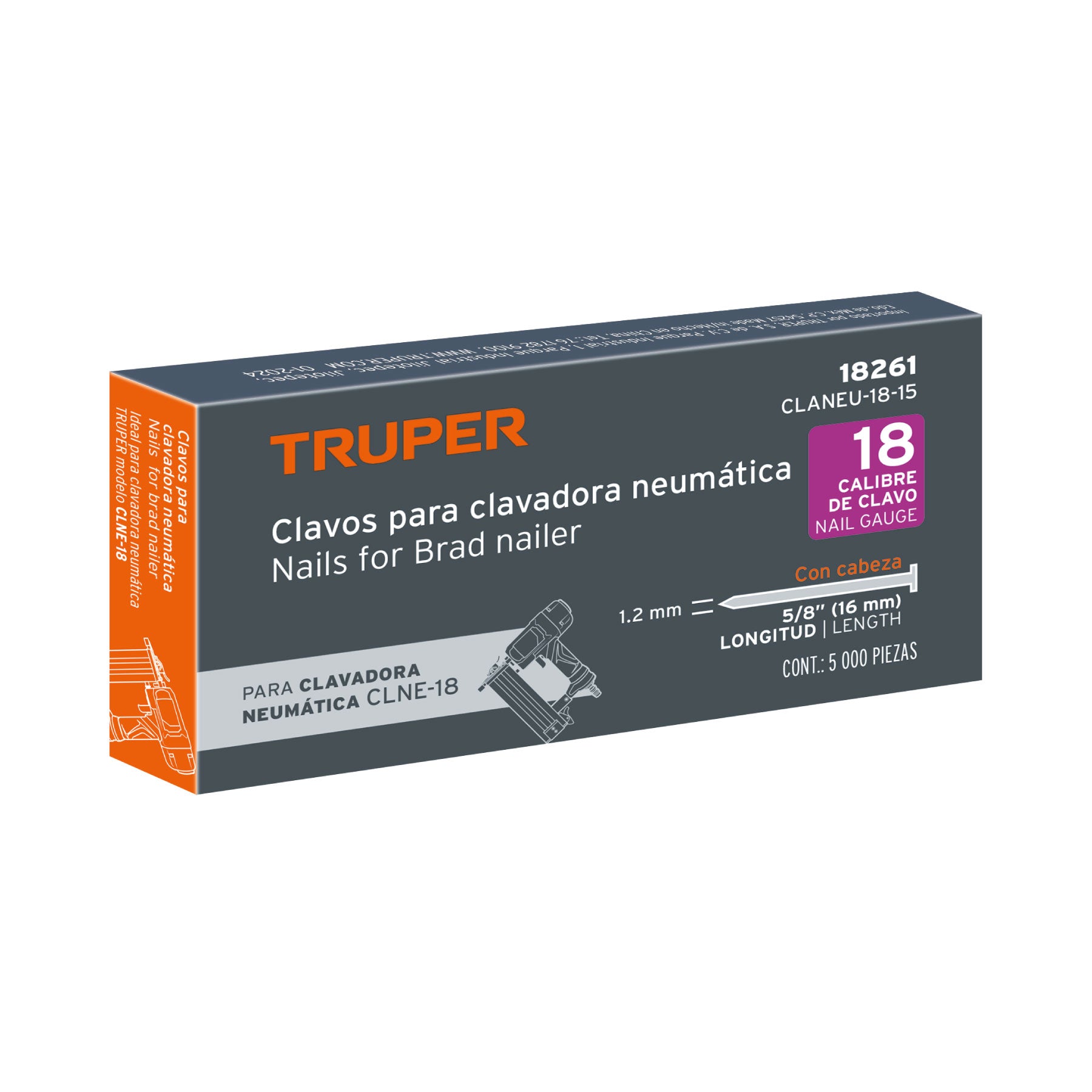Caja con 5000 clavos calibre 18, 15 mm para CLNE-18, TRUPER