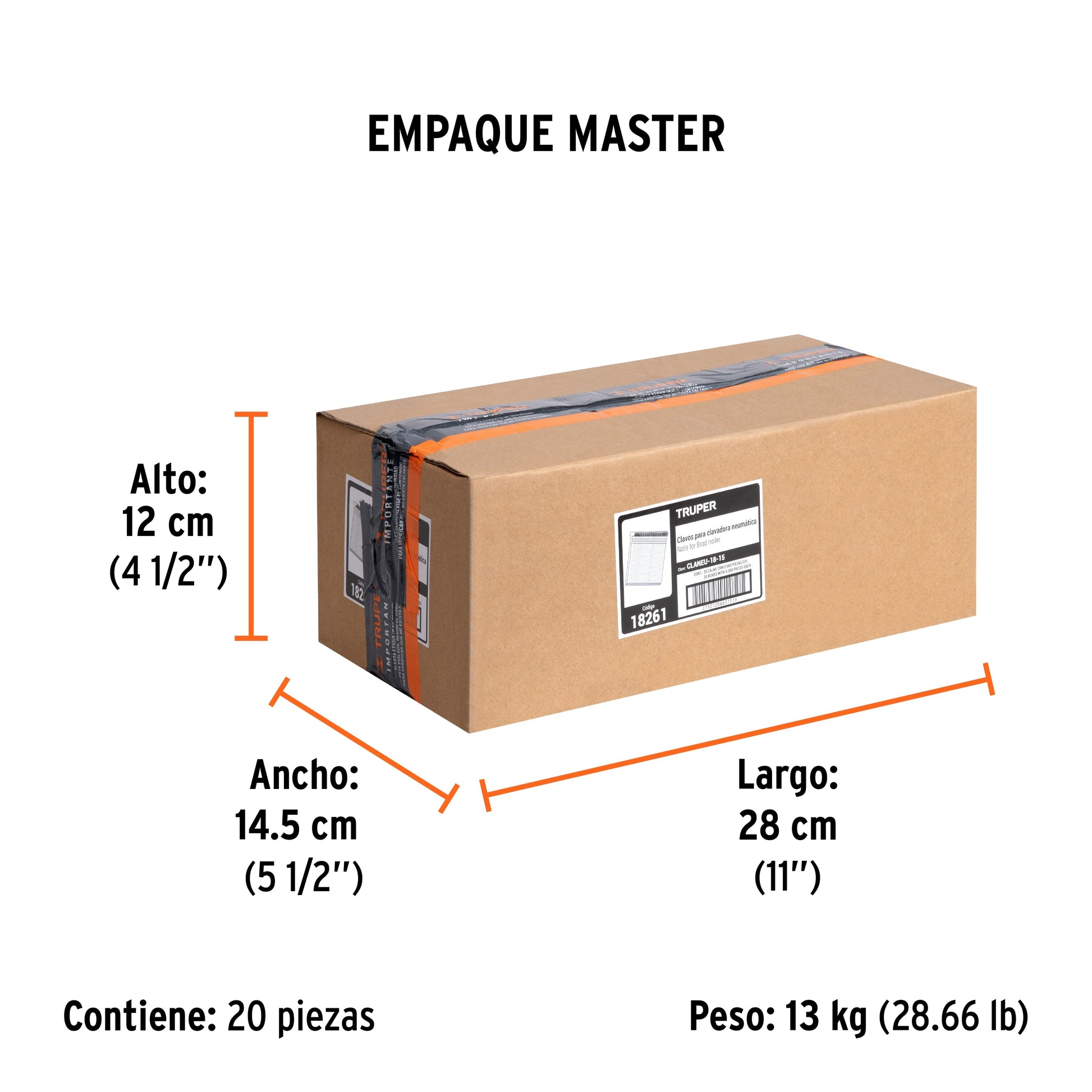 Caja con 5000 clavos calibre 18, 15 mm para CLNE-18, TRUPER - Empaque