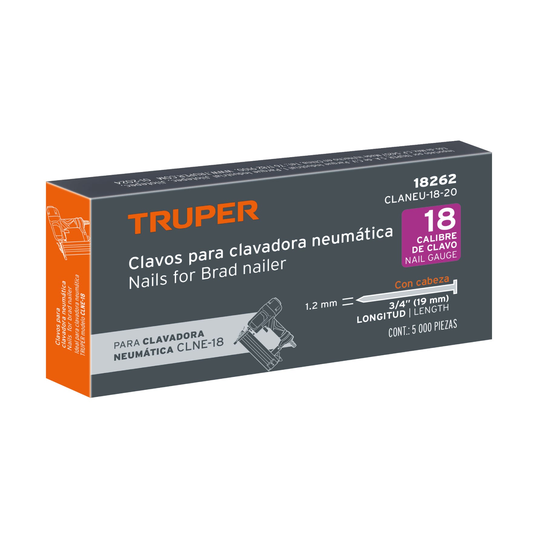 Caja con 5000 clavos calibre 18, 20 mm para CLNE-18, TRUPER
