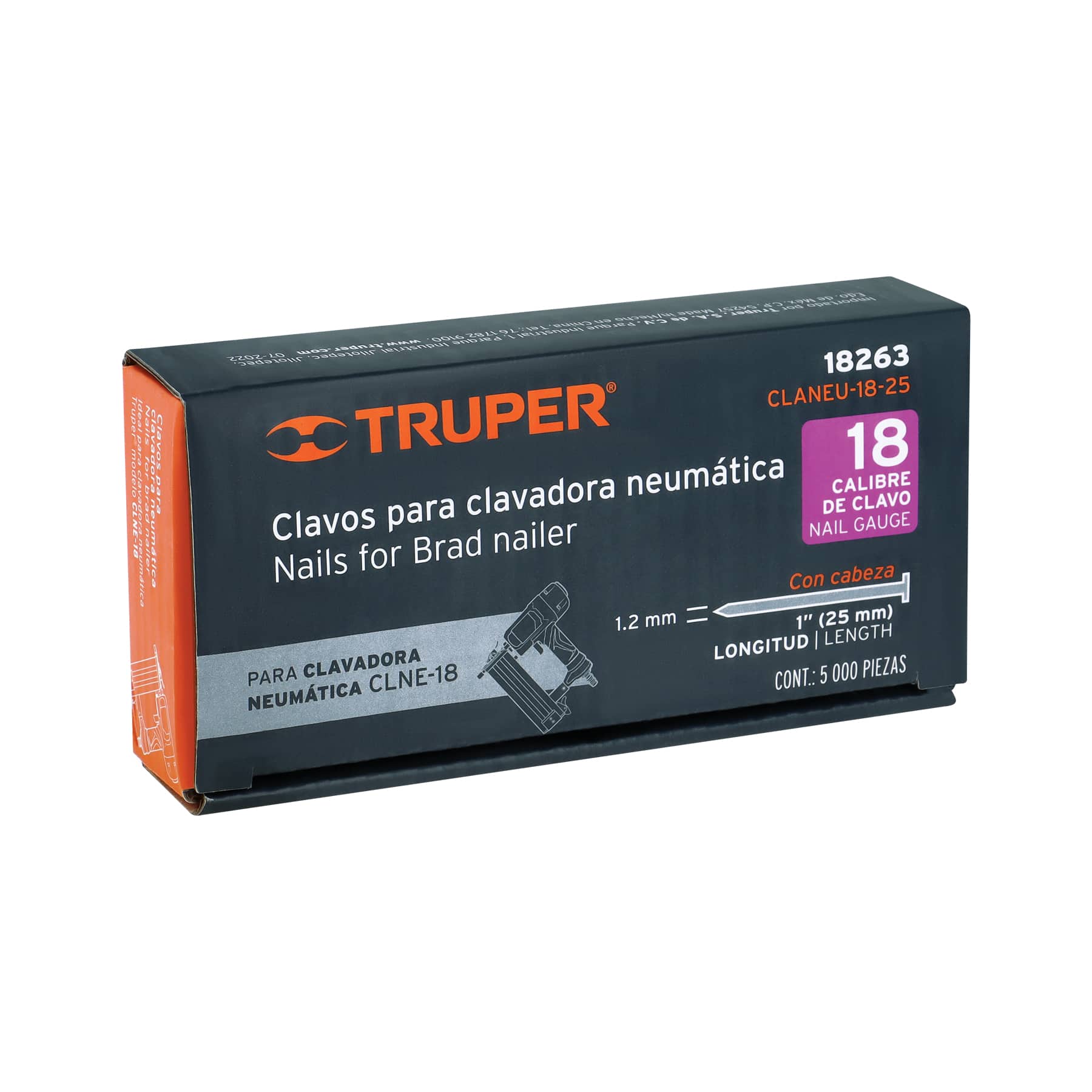 Caja con 5000 clavos calibre 18, 25 mm para CLNE-18, TRUPER