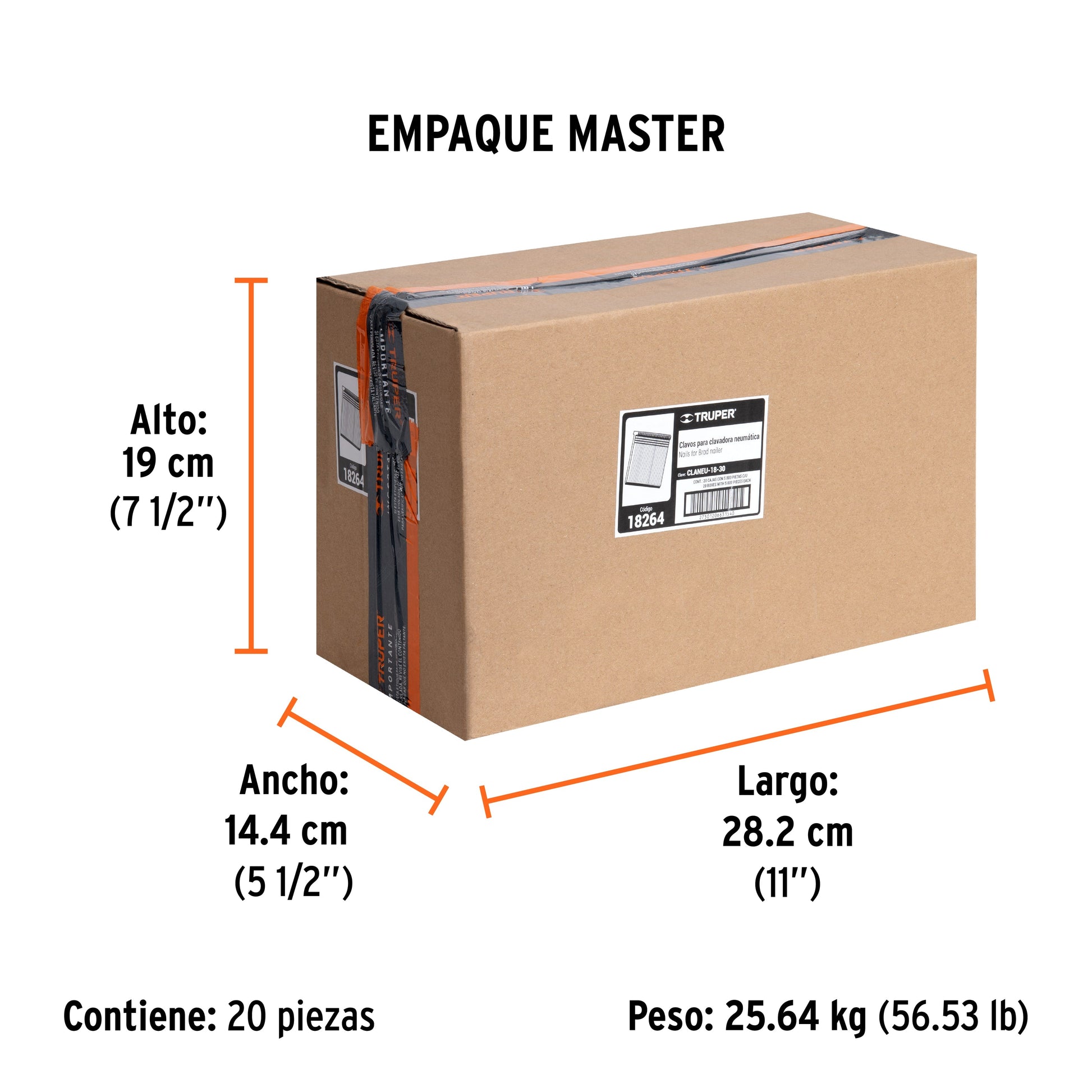 Caja con 5000 clavos calibre 18, 30 mm para CLNE-18, TRUPER - Empaque