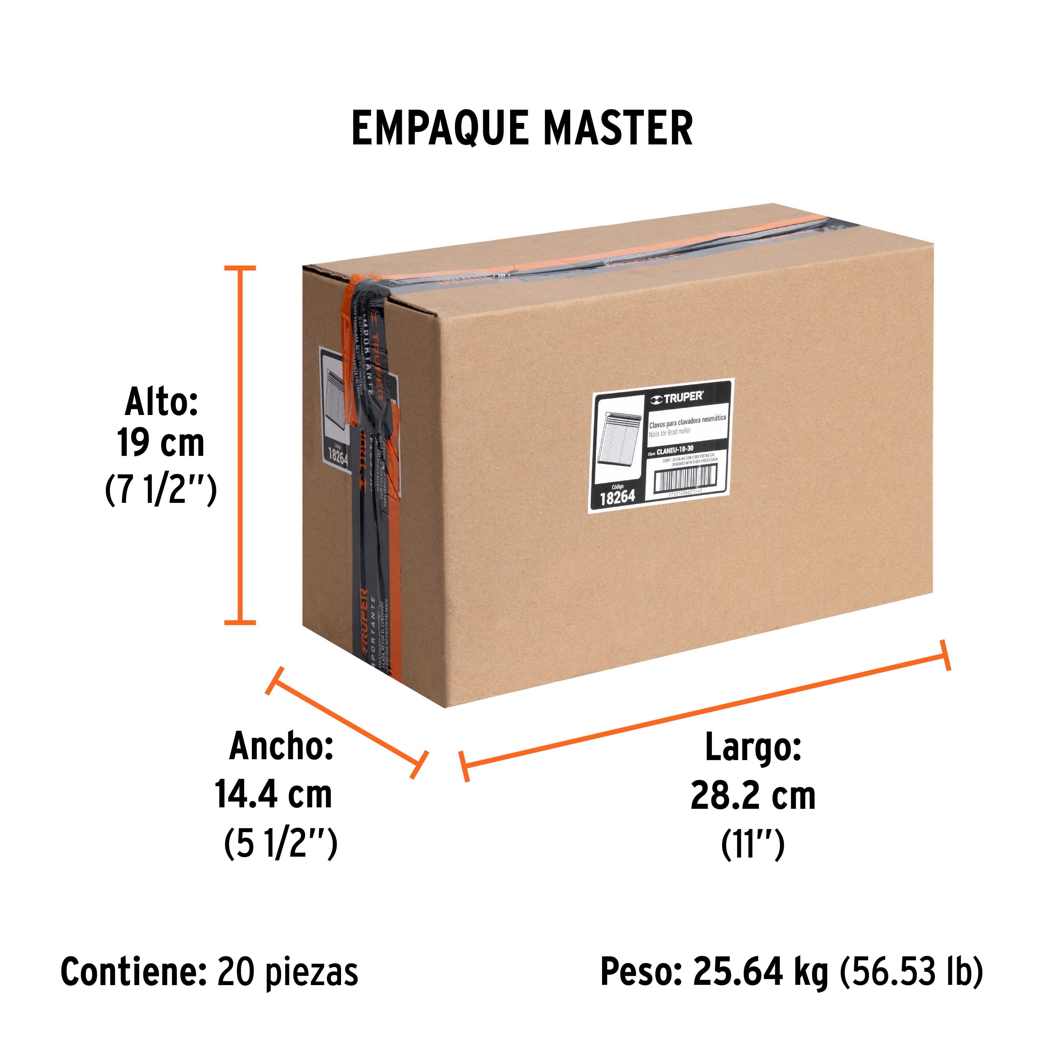 Caja con 5000 clavos calibre 18, 30 mm para CLNE-18, TRUPER - Empaque