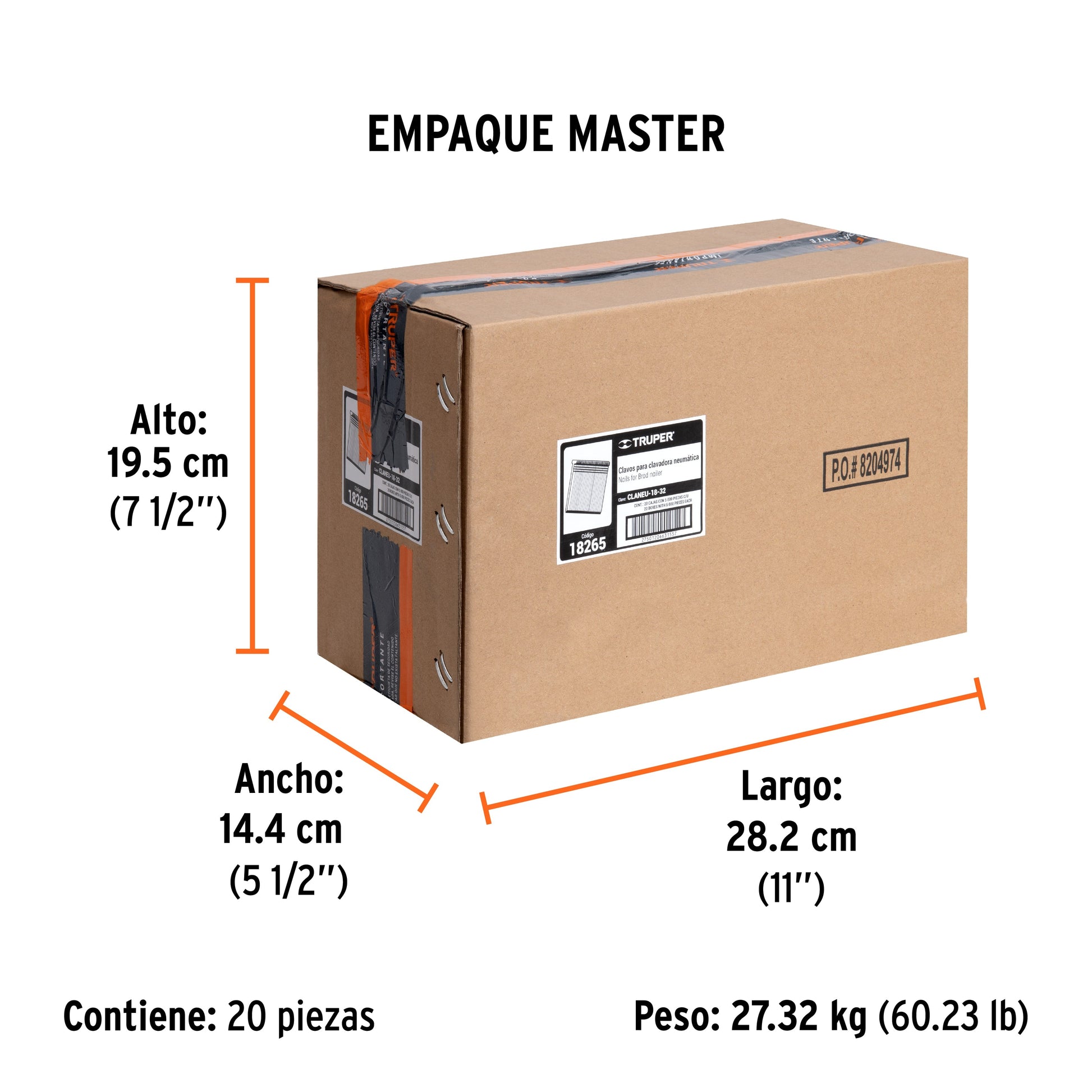 Caja con 5000 clavos calibre 18, 32 mm para CLNE-18, TRUPER - Empaque