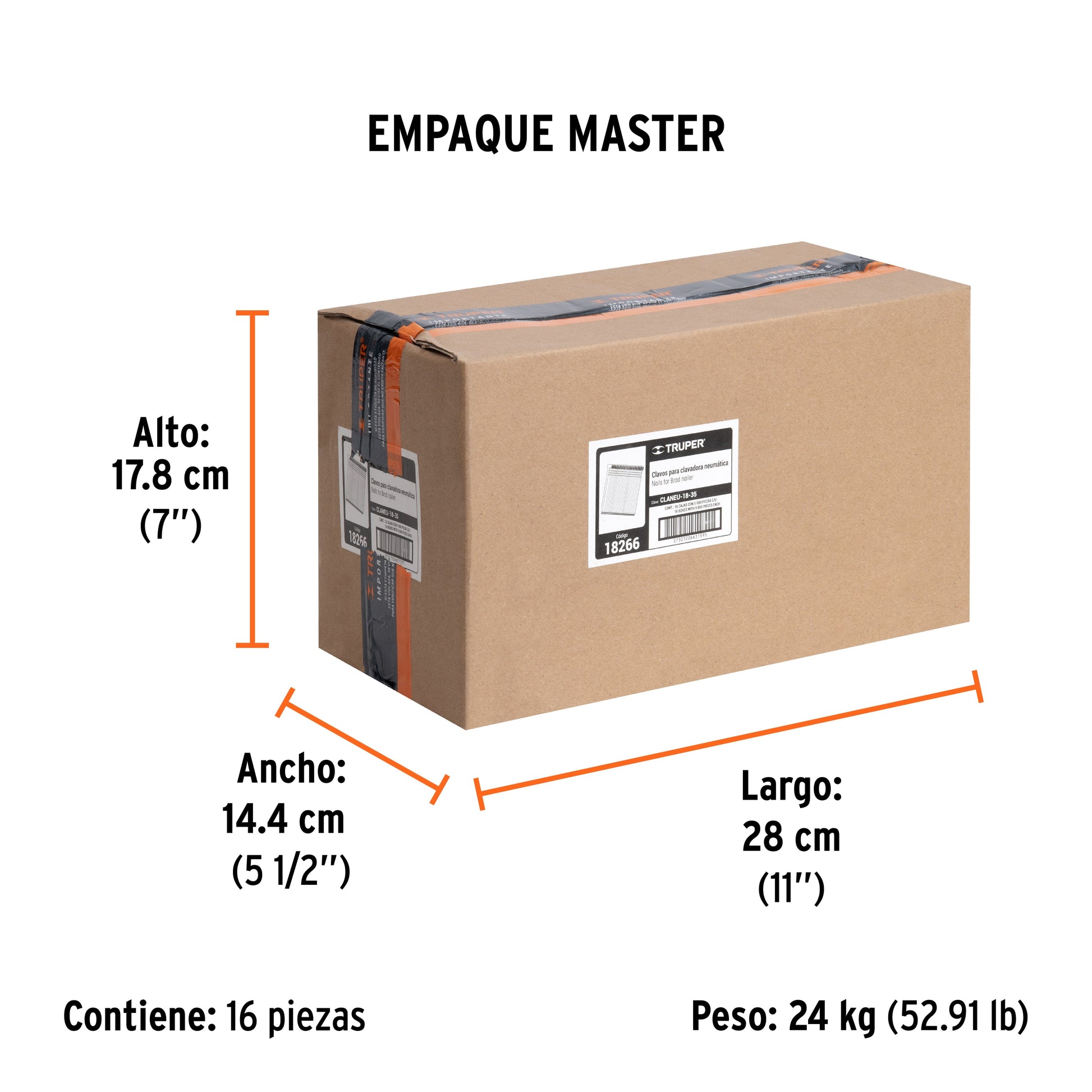 Caja con 5000 clavos calibre 18, 35 mm para CLNE-18, TRUPER - Empaque