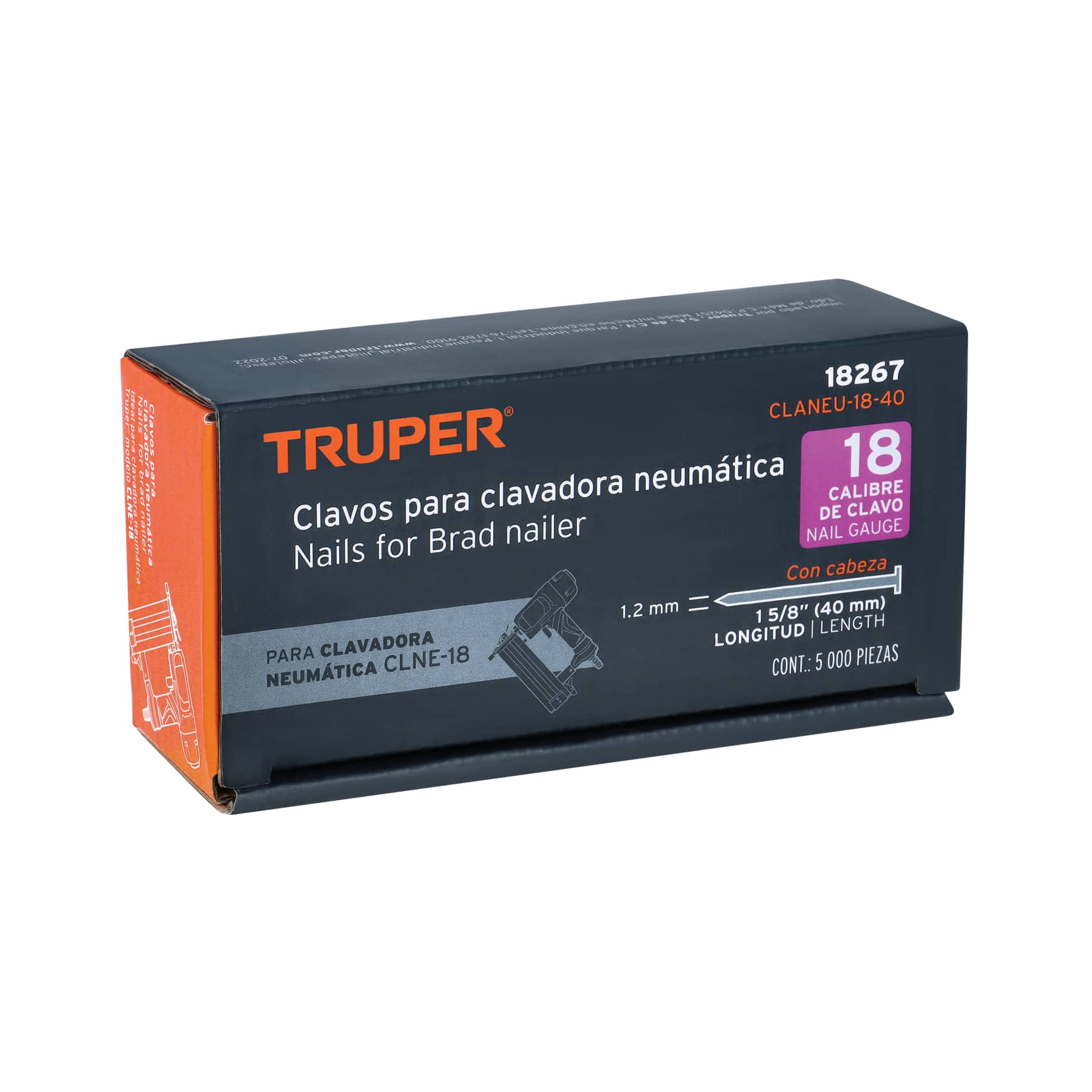 Caja con 5000 clavos calibre 18, 40 mm para CLNE-18, TRUPER