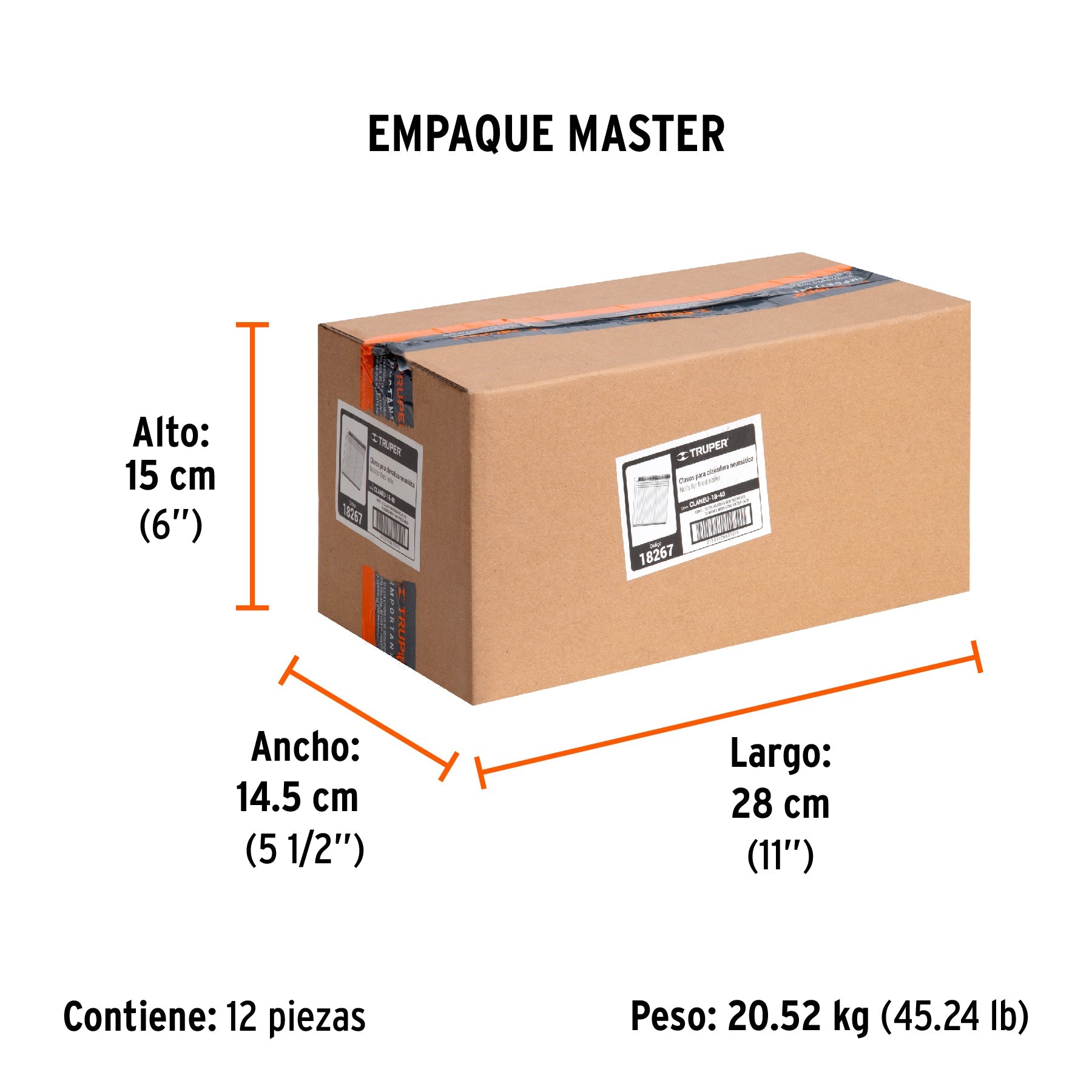 Caja con 5000 clavos calibre 18, 40 mm para CLNE-18, TRUPER - Empaque