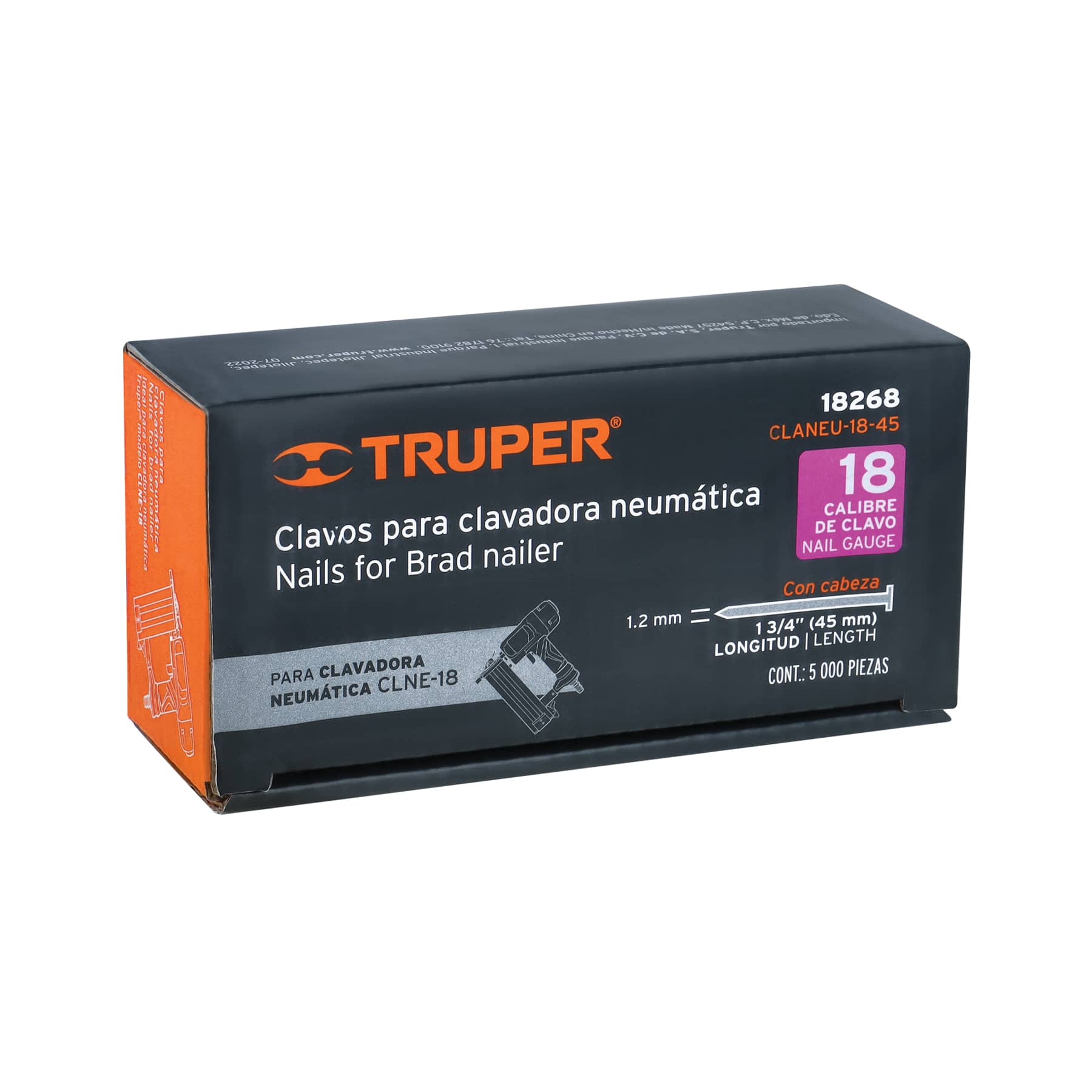 Caja con 5000 clavos calibre 18, 45 mm para CLNE-18, TRUPER