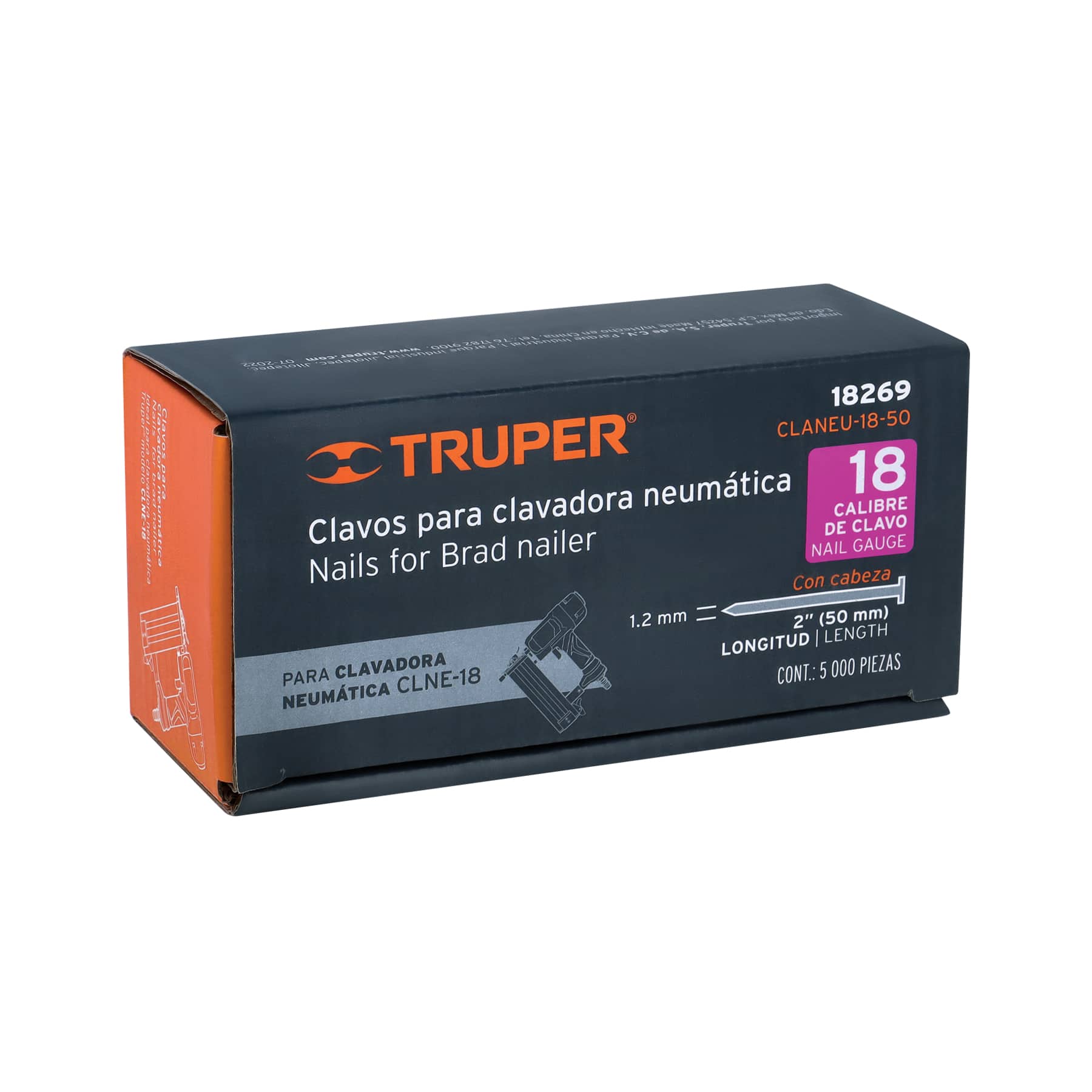 Caja con 5000 clavos calibre 18, 50 mm para CLNE-18, TRUPER
