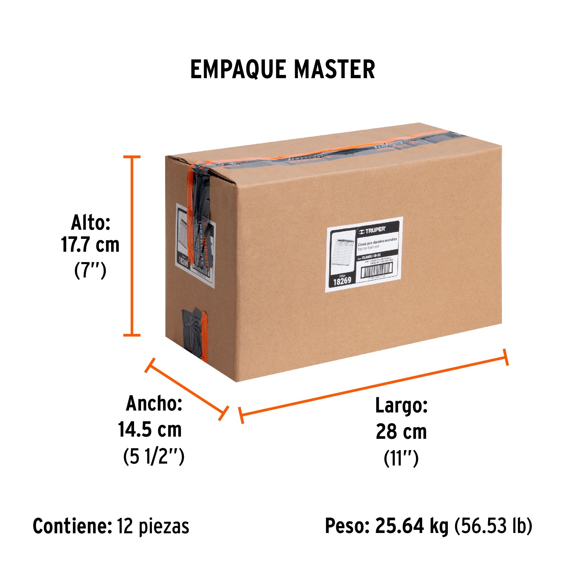 Caja con 5000 clavos calibre 18, 50 mm para CLNE-18, TRUPER - Empaque