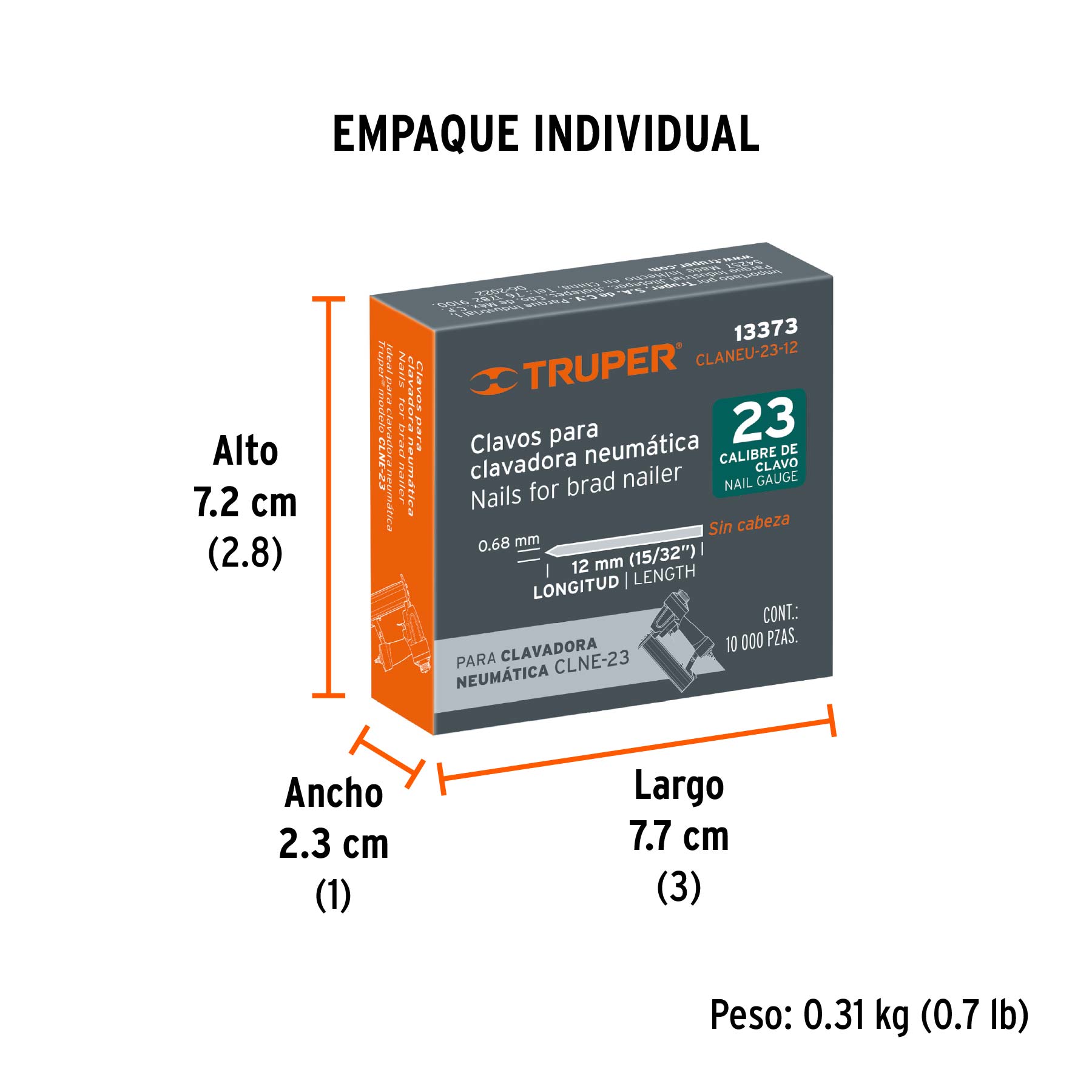 Caja con 10000 clavos calibre 23, 12mm para CLNE-23, TRUPER - Empaque