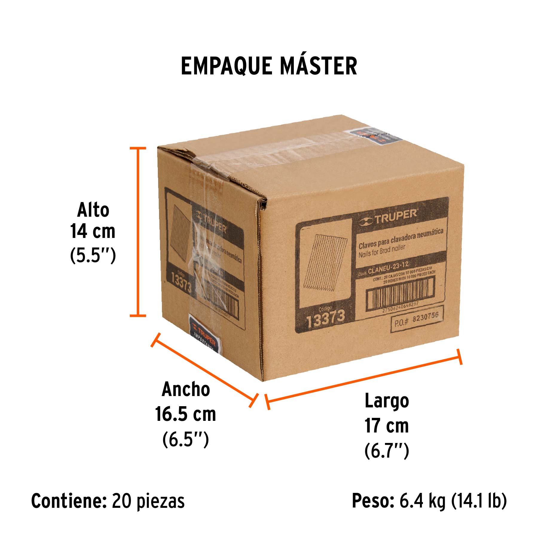 Caja con 10000 clavos calibre 23, 12mm para CLNE-23, TRUPER - Empaque