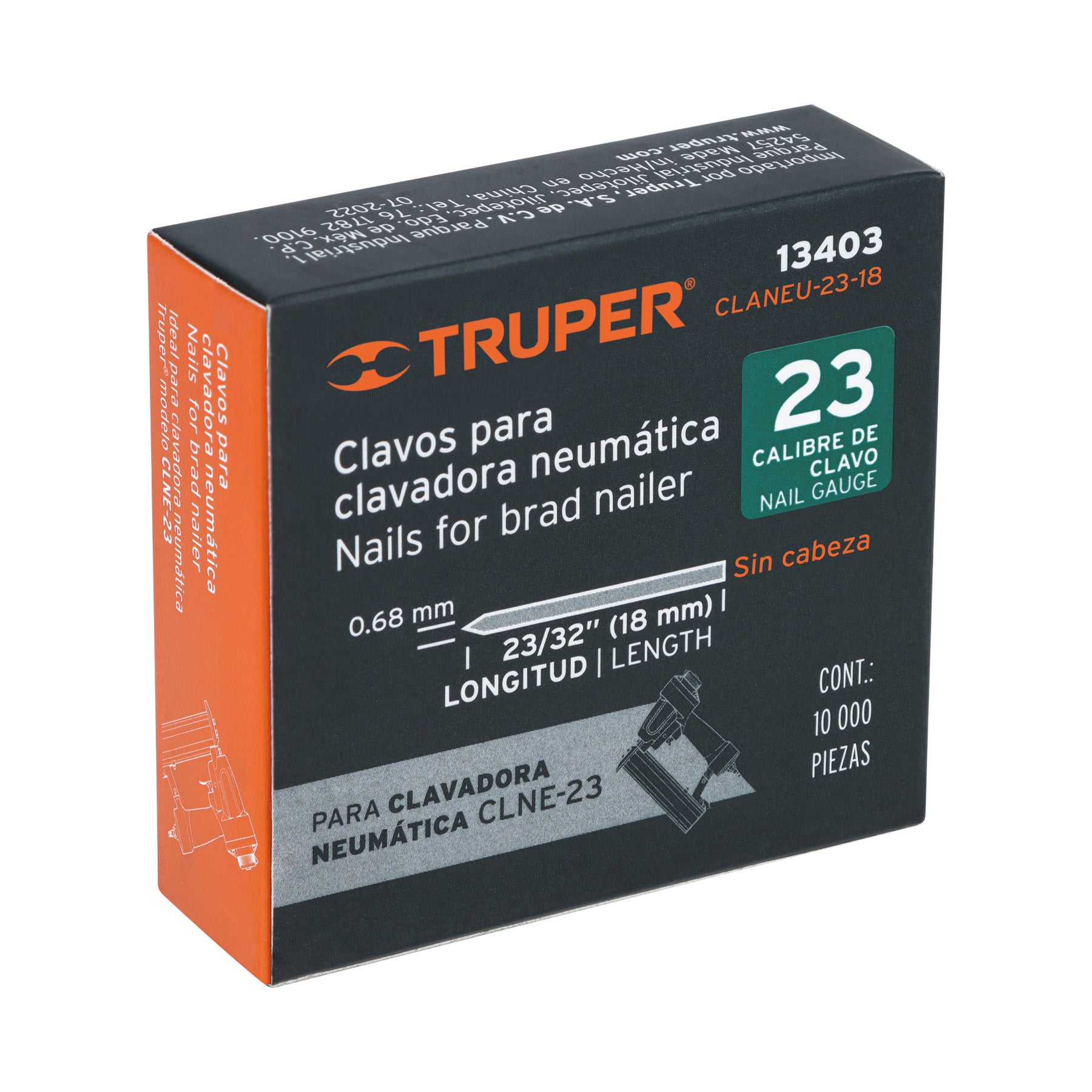 Caja con 10000 clavos calibre 23, 18 mm para CLNE-23, TRUPER